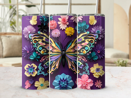 Purple tumbler with butterfly and floral embellishments.