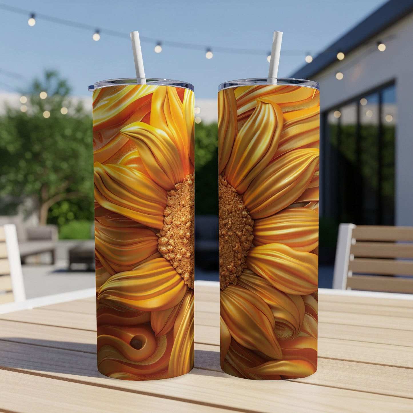Two tumblers with a close-up sunflower design sit on a wooden table.