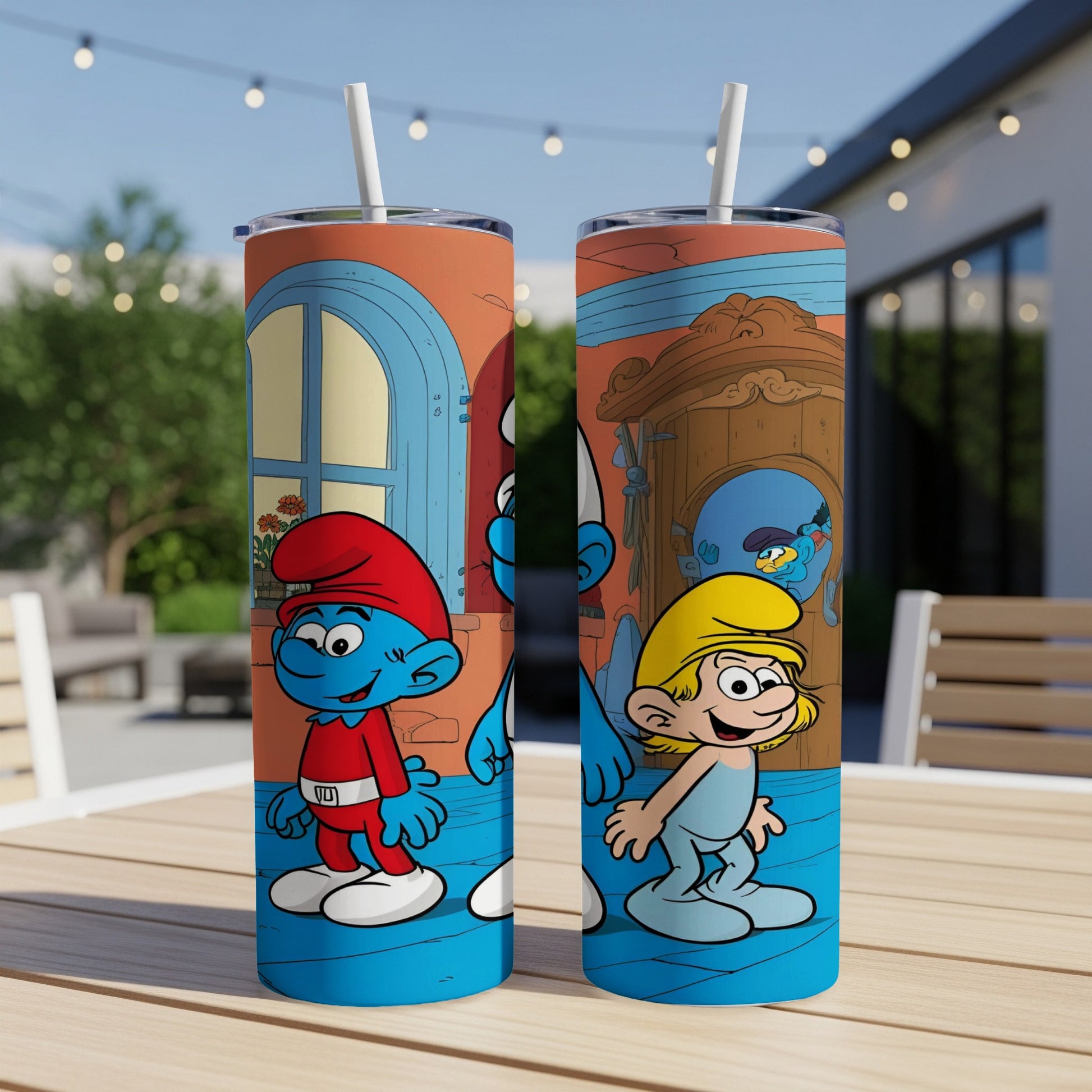 Two Smurfs, one in red, one in blue, on patterned tumblers.