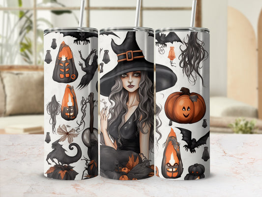 Tumbler with Halloween graphics including a witch, bats, pumpkins, and spooky lanterns.
