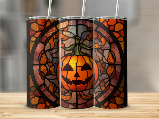 Three tumblers with stained glass pumpkin design.