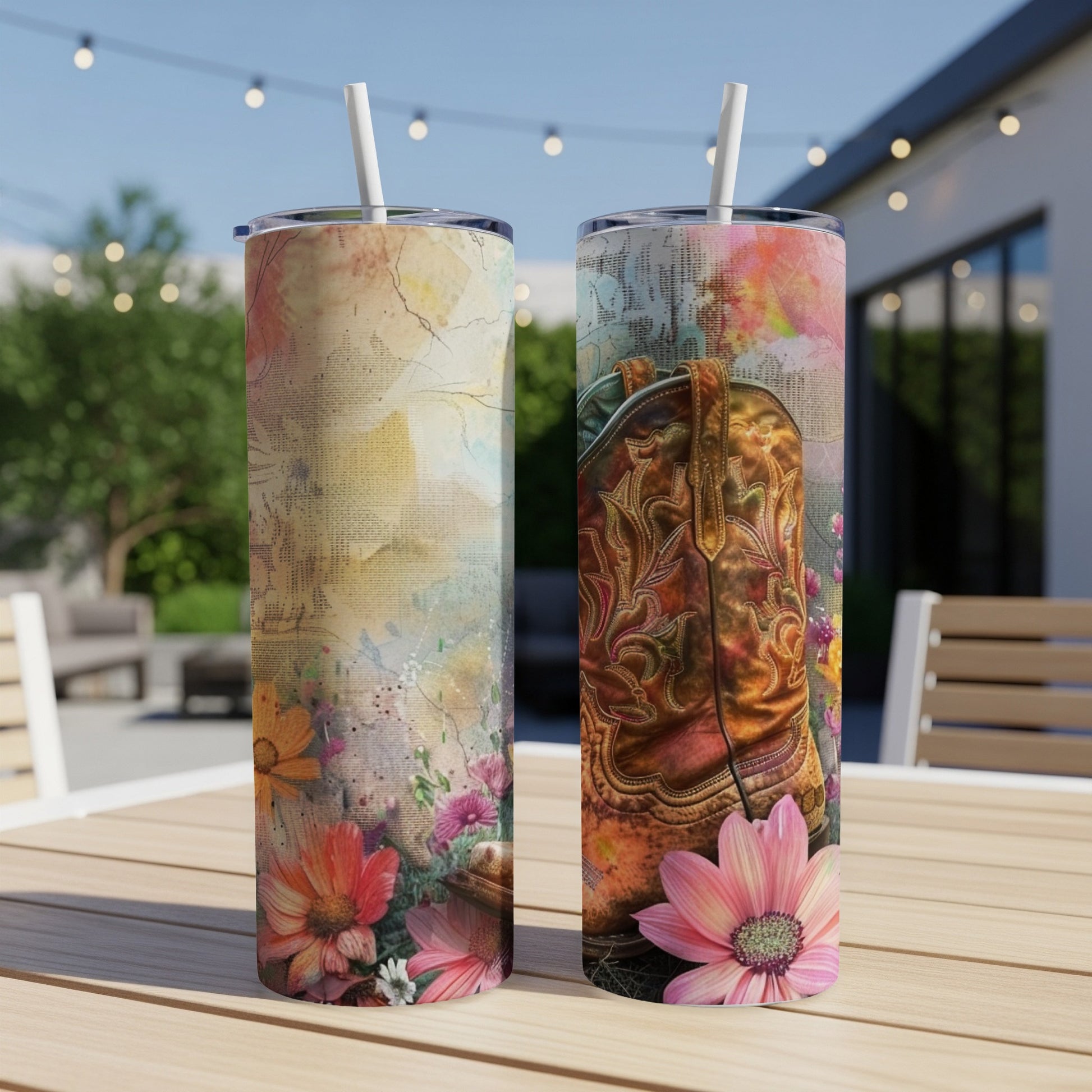 Two tumblers with a distressed leather cowboy boot and floral watercolor design.