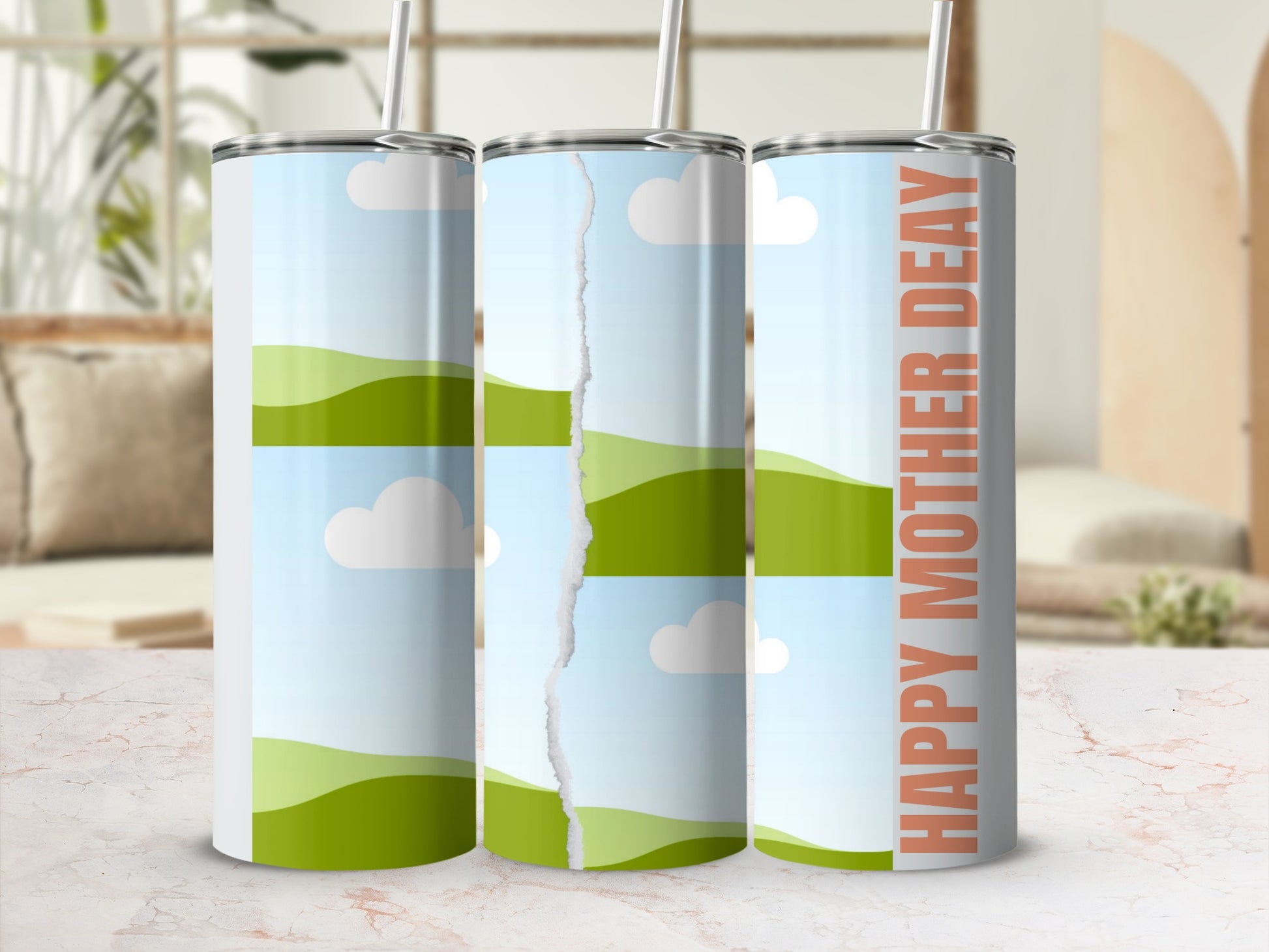 Three tumblers with a ripped landscape design and "HAPPY MOTHER DEAY" text.