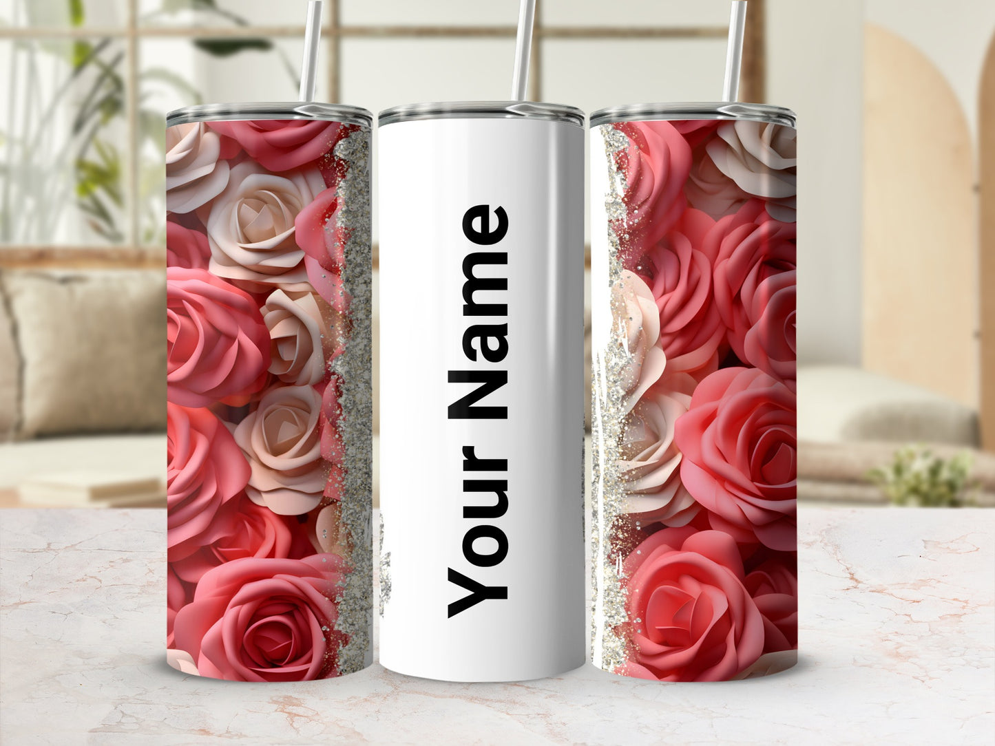 Customizable Floral Rose Design Insulated Tumbler