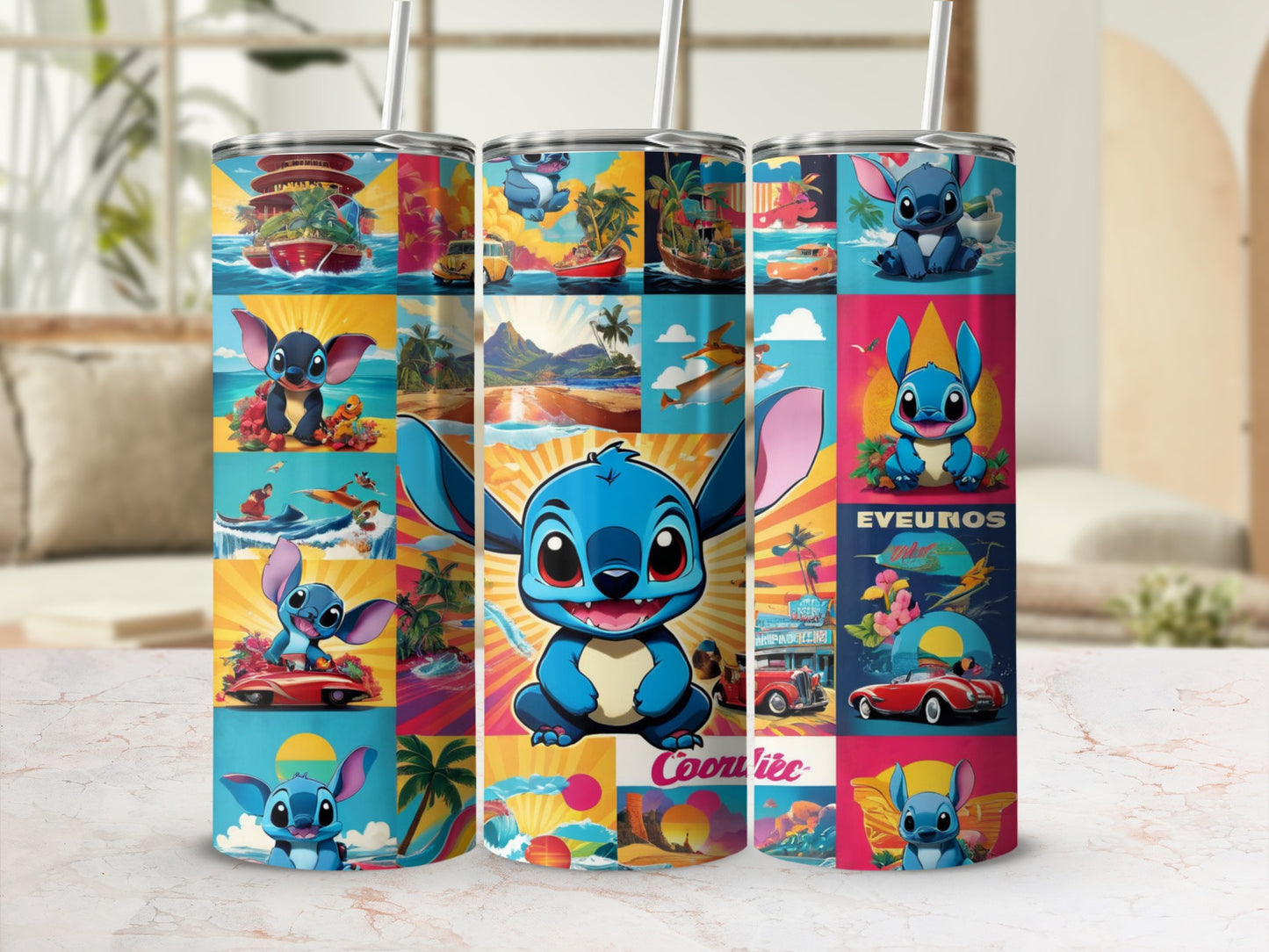 Tangled Stitch illustration on a colorful, multi-panel tumbler.