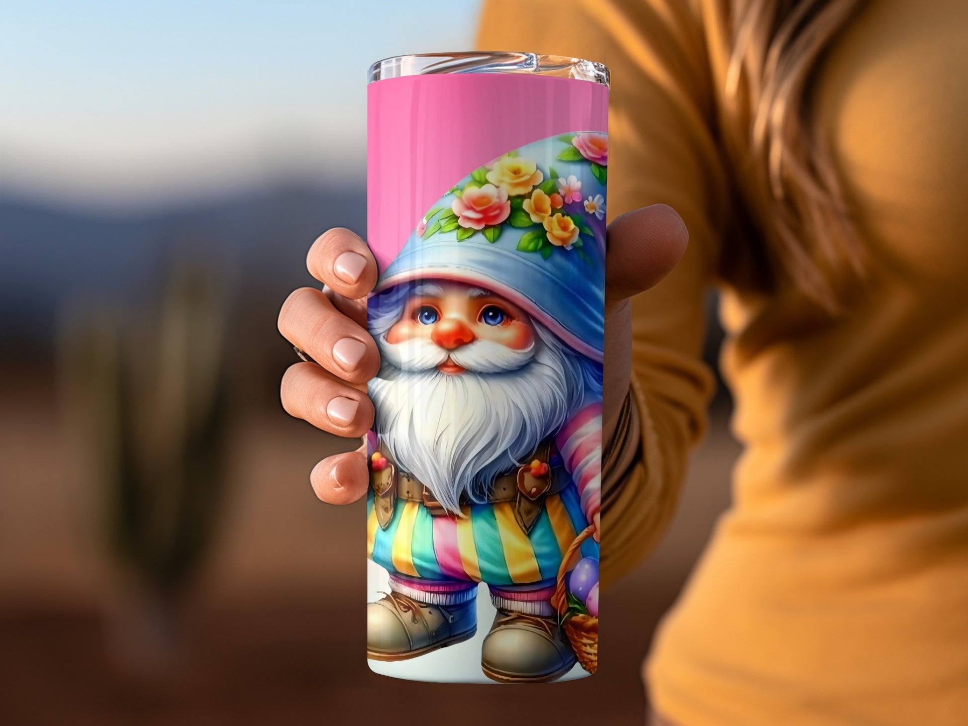 Colorful Garden Gnome with Flowers Travel Tumbler