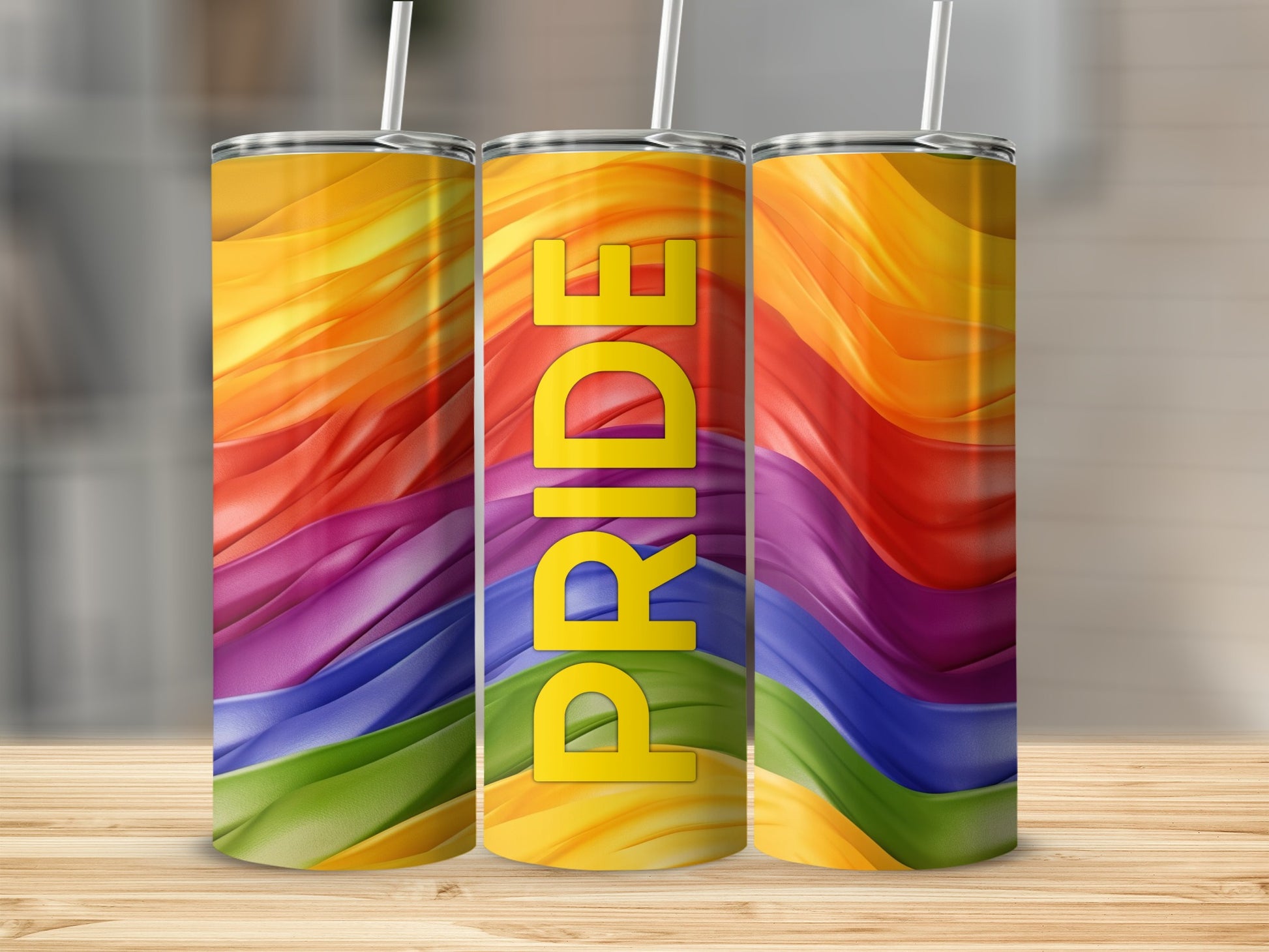 Triptych of tumblers with rainbow pride wave design and "Pride" text.
