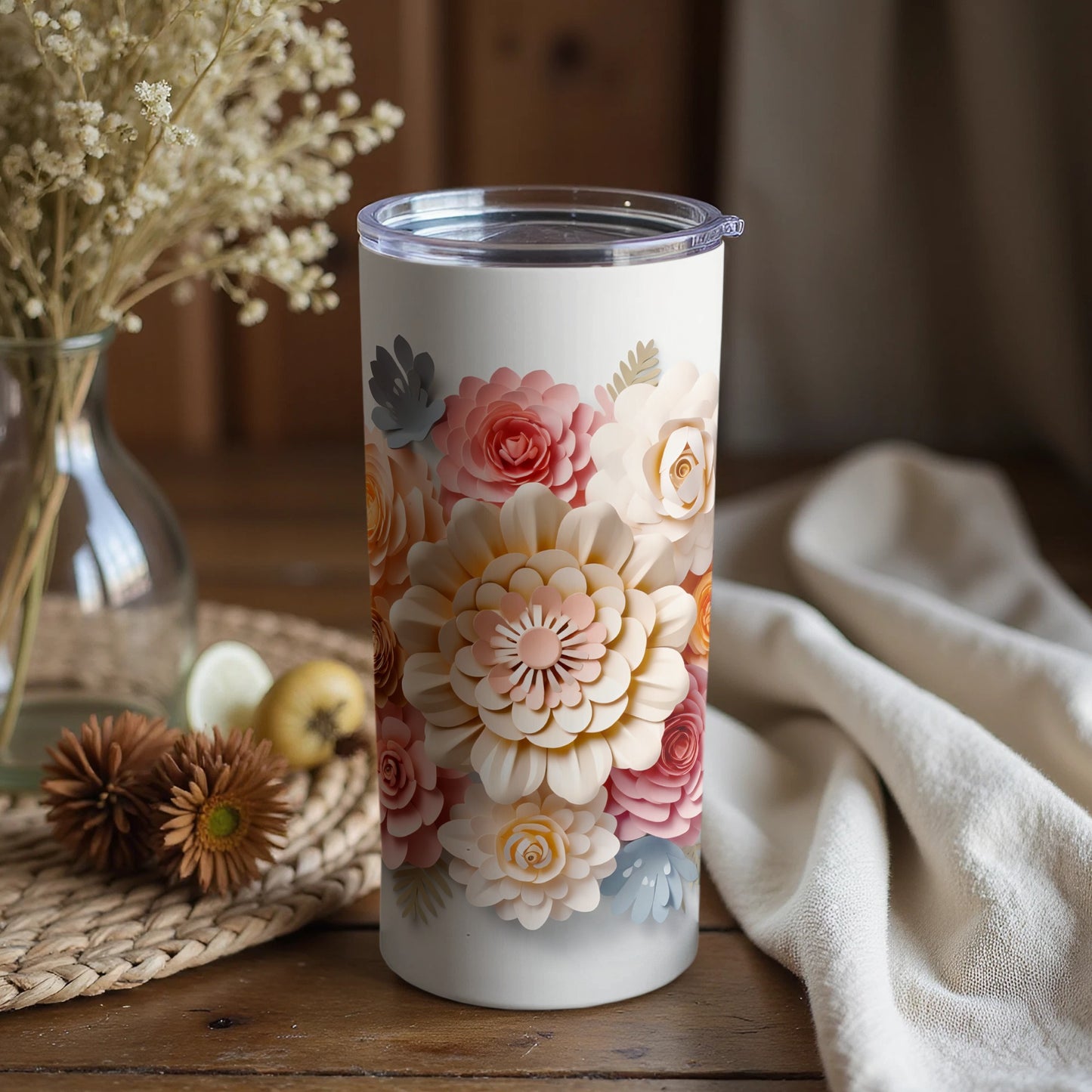 Floral Pattern Tumbler with Colorful Blossoms Design