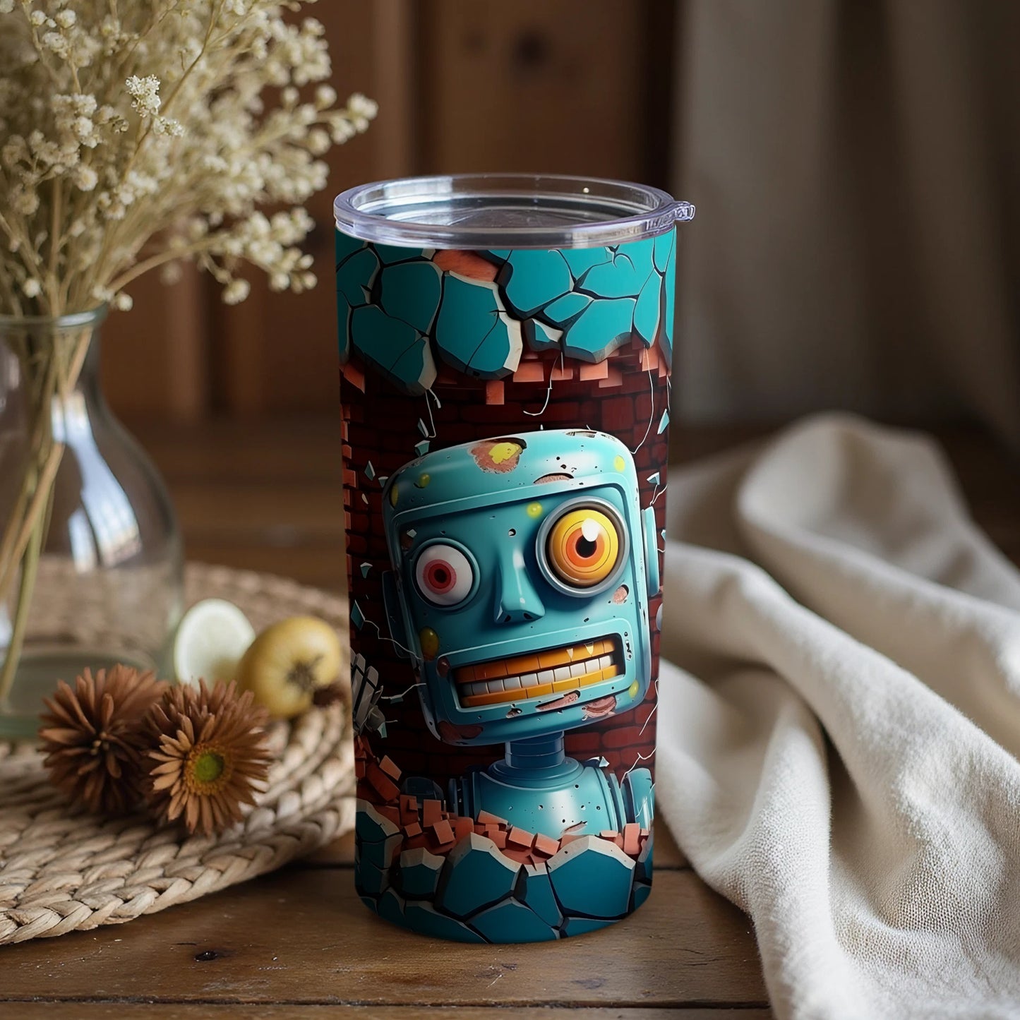 Colorful Brick Wall with Cute Robot Design Tumbler