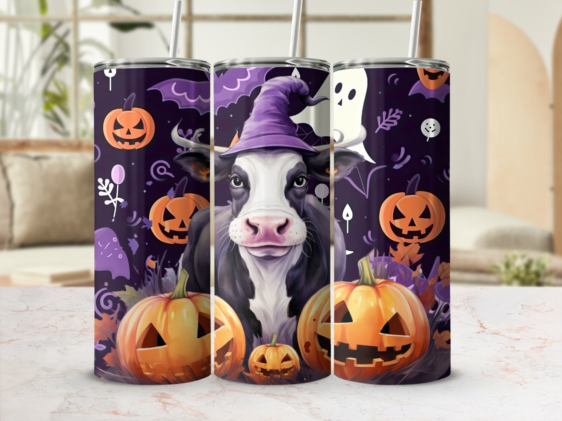 Halloween Cow with Pumpkins and Witch Hat Tumbler