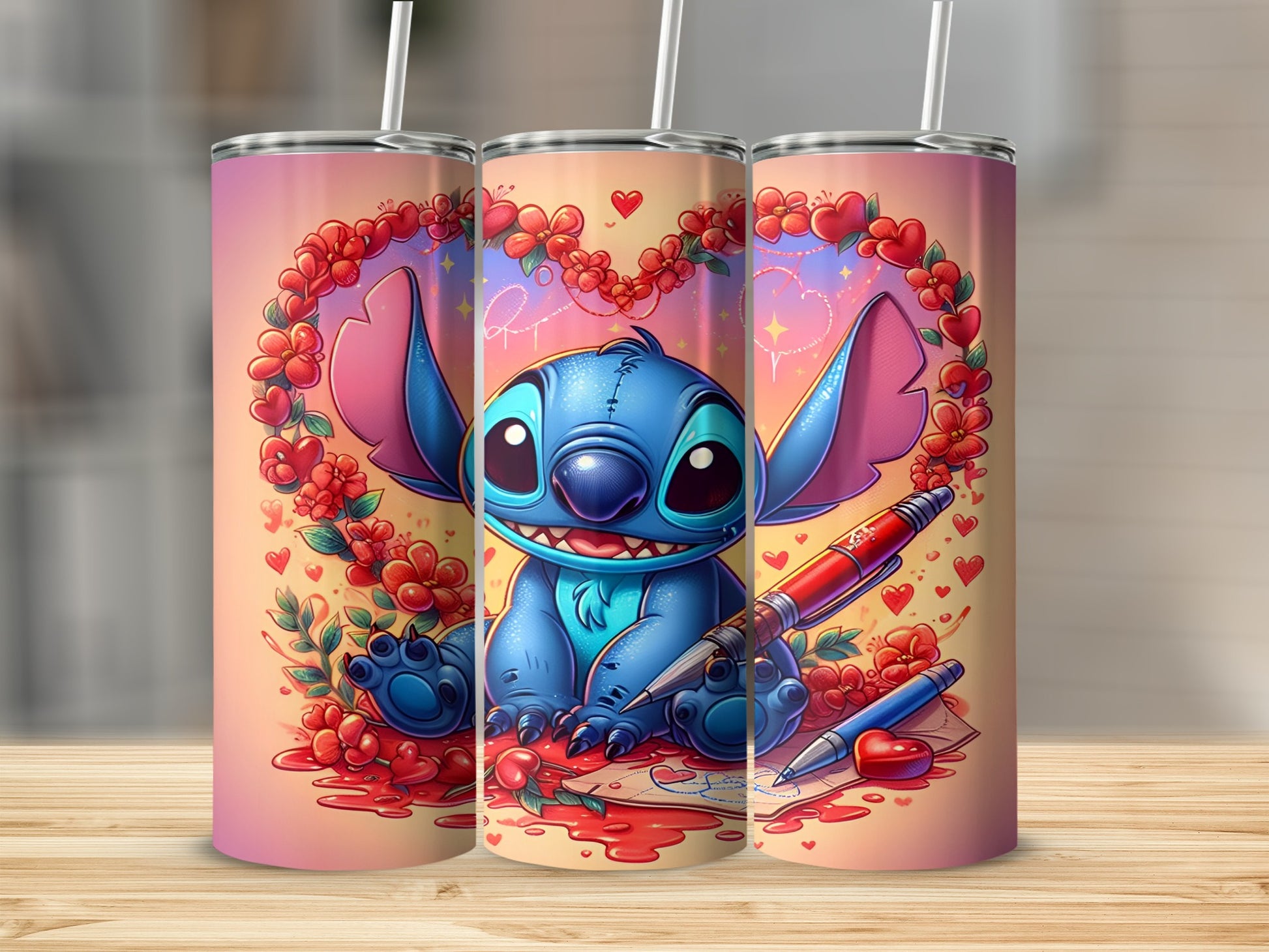 Stitch character with hearts and a pen on a Valentine's Day-themed tumbler.