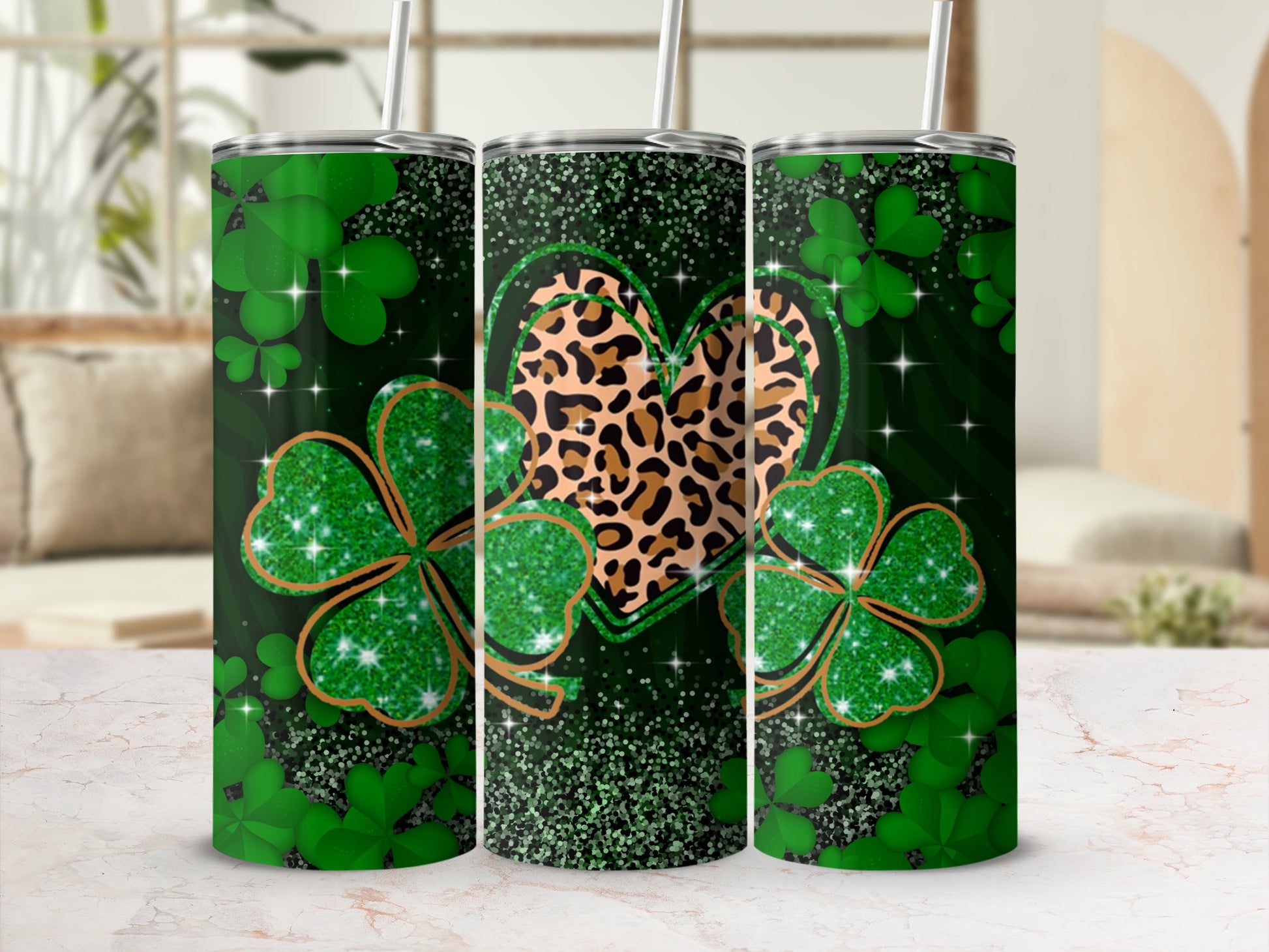 Green shamrocks and leopard print heart on a glittery tumbler.