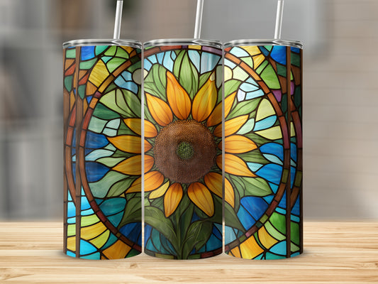 Sunflower stained glass design on three insulated tumblers.