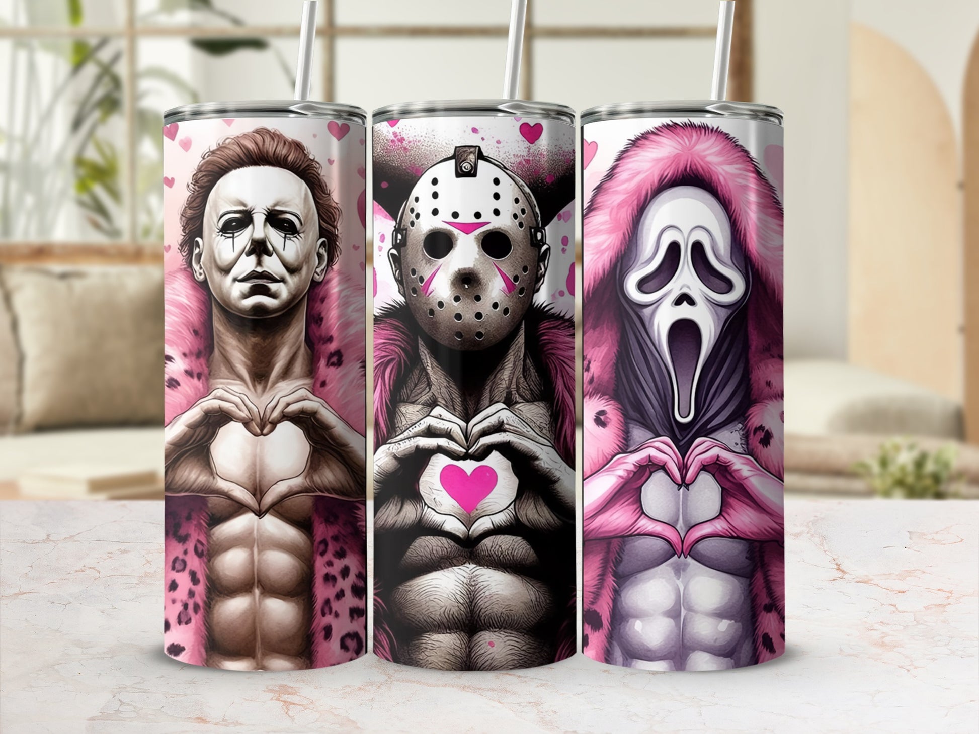 Three tumblers featuring horror characters making heart shapes with their hands.