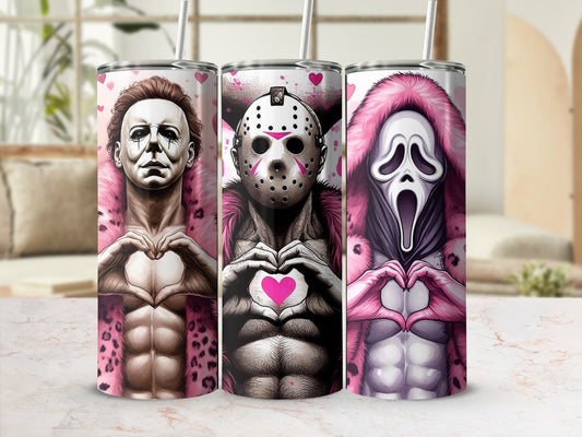 Three tumblers featuring horror characters making heart shapes with their hands.