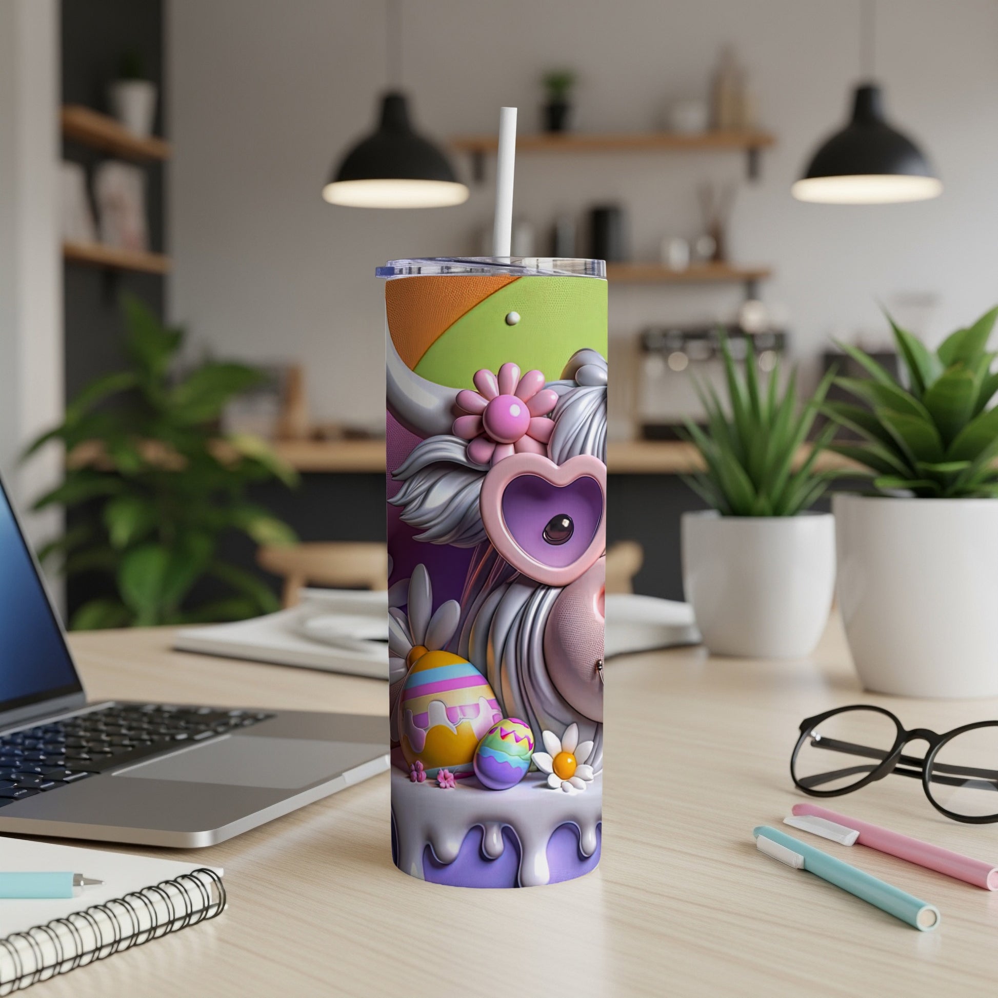 Pink and purple Easter-themed tumbler with colorful eggs and floral designs.