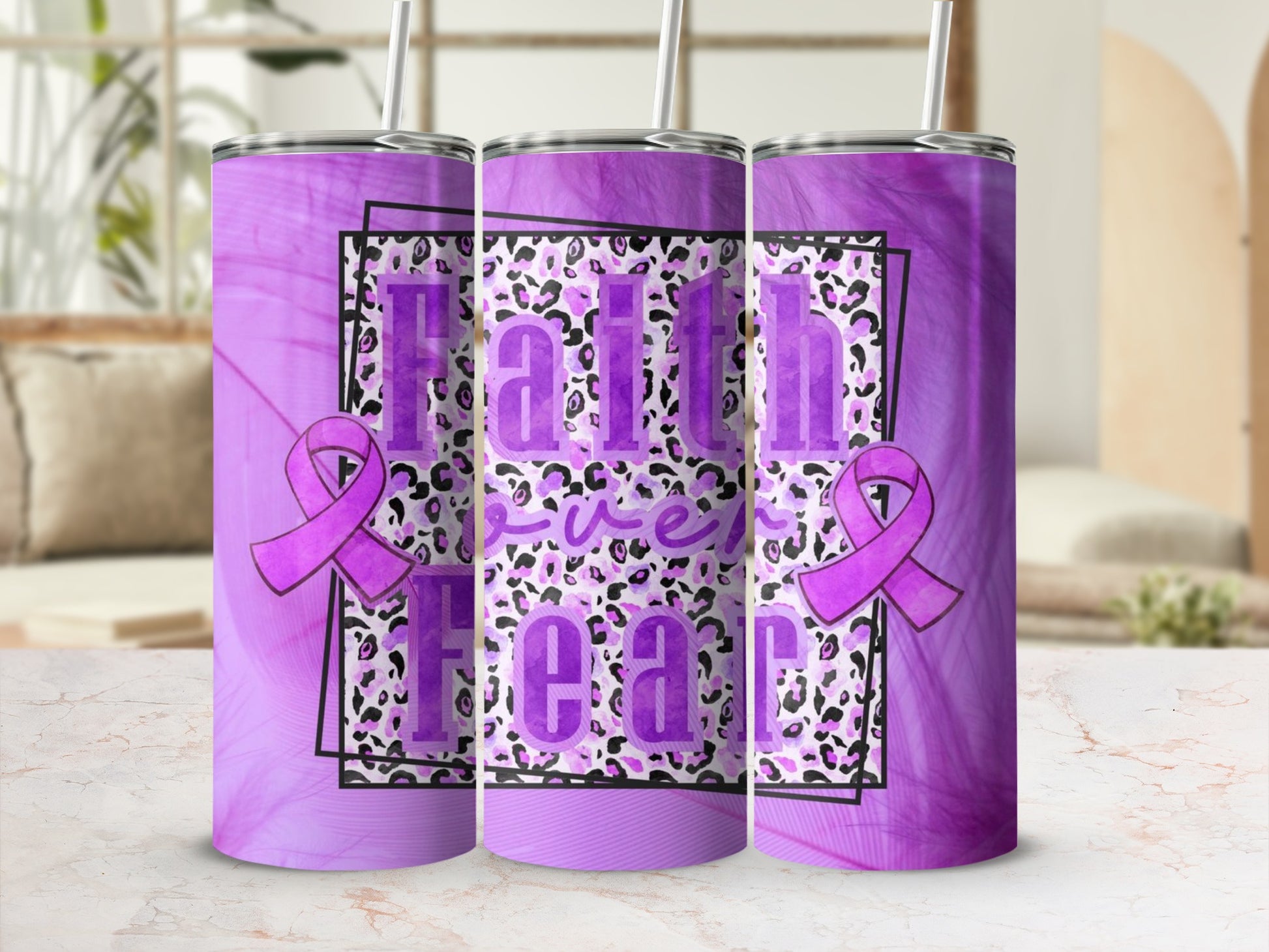 Faith Over Fear Purple Ribbon Pattern Tumbler Product