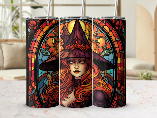 Stained glass witch design on three tumblers.