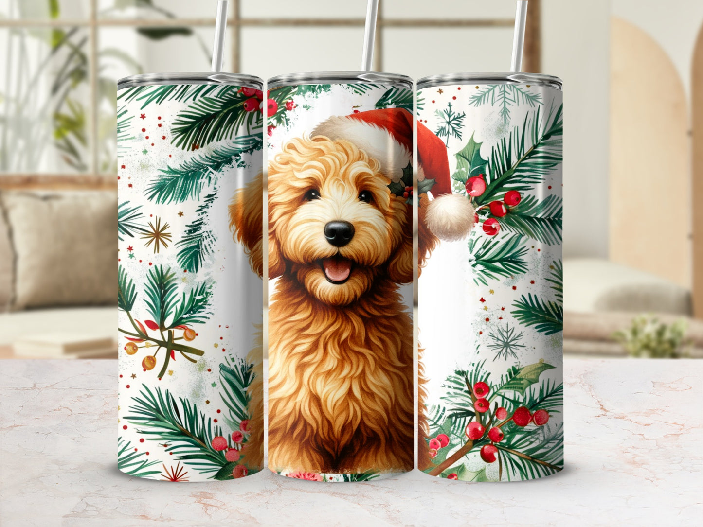Goldendoodle puppy wearing a Santa hat surrounded by festive greenery and holly berries.