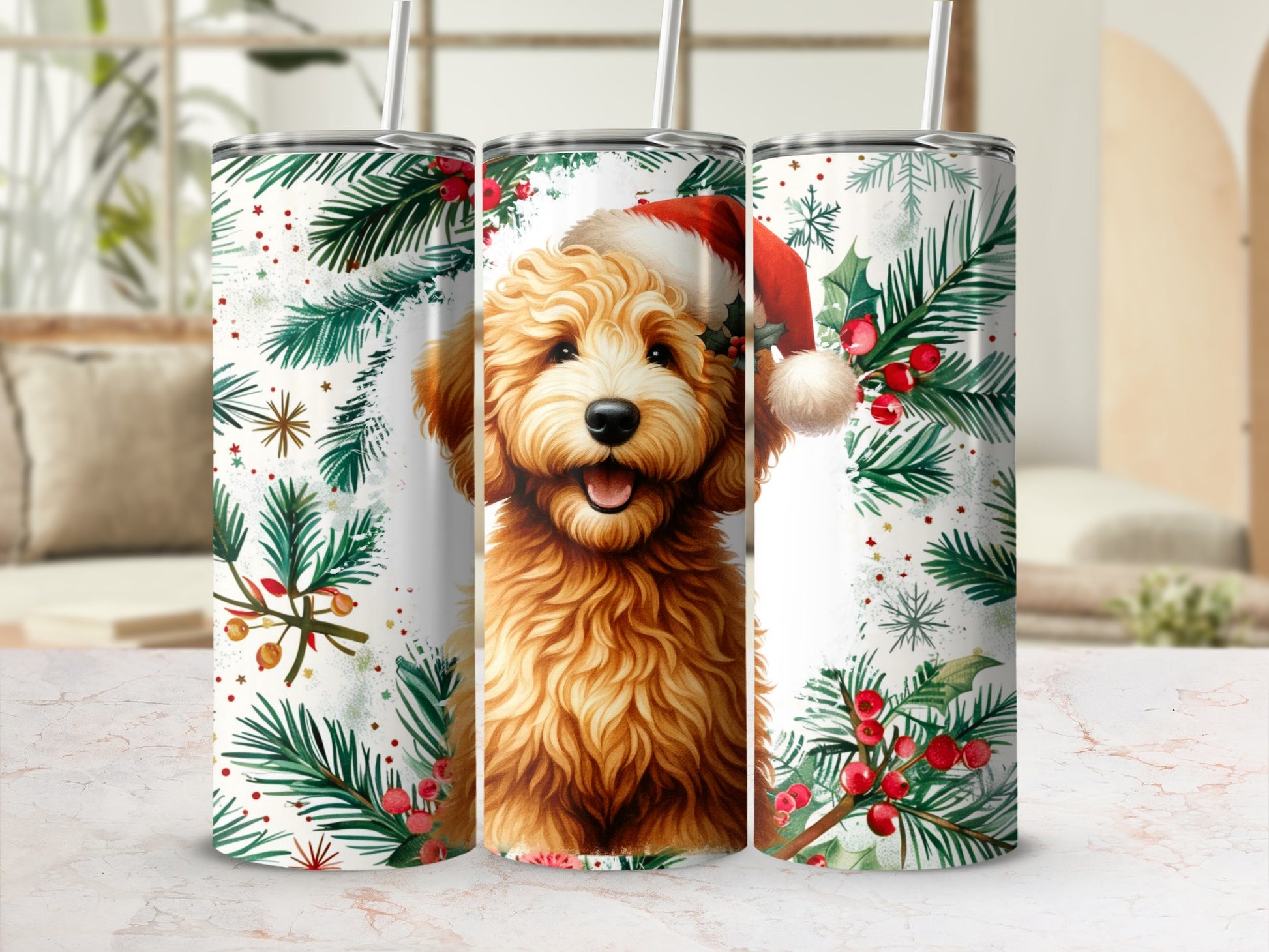 Goldendoodle puppy wearing a Santa hat surrounded by festive greenery and holly berries.