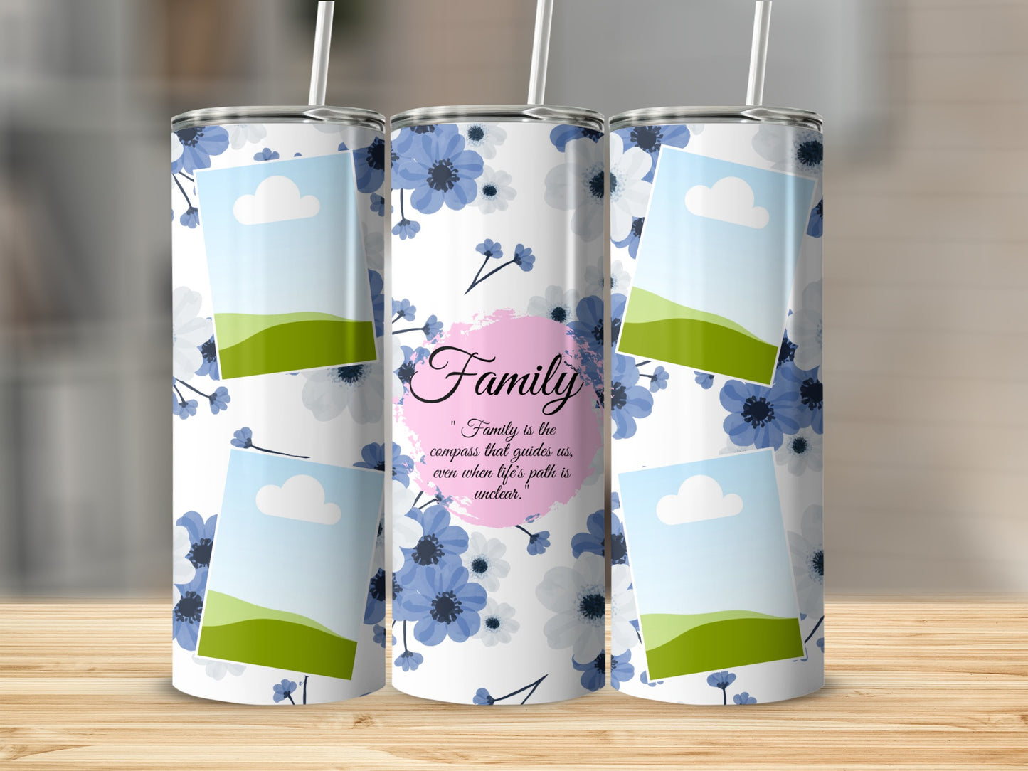 Tumbler with floral design and "Family" quote on pink circle.