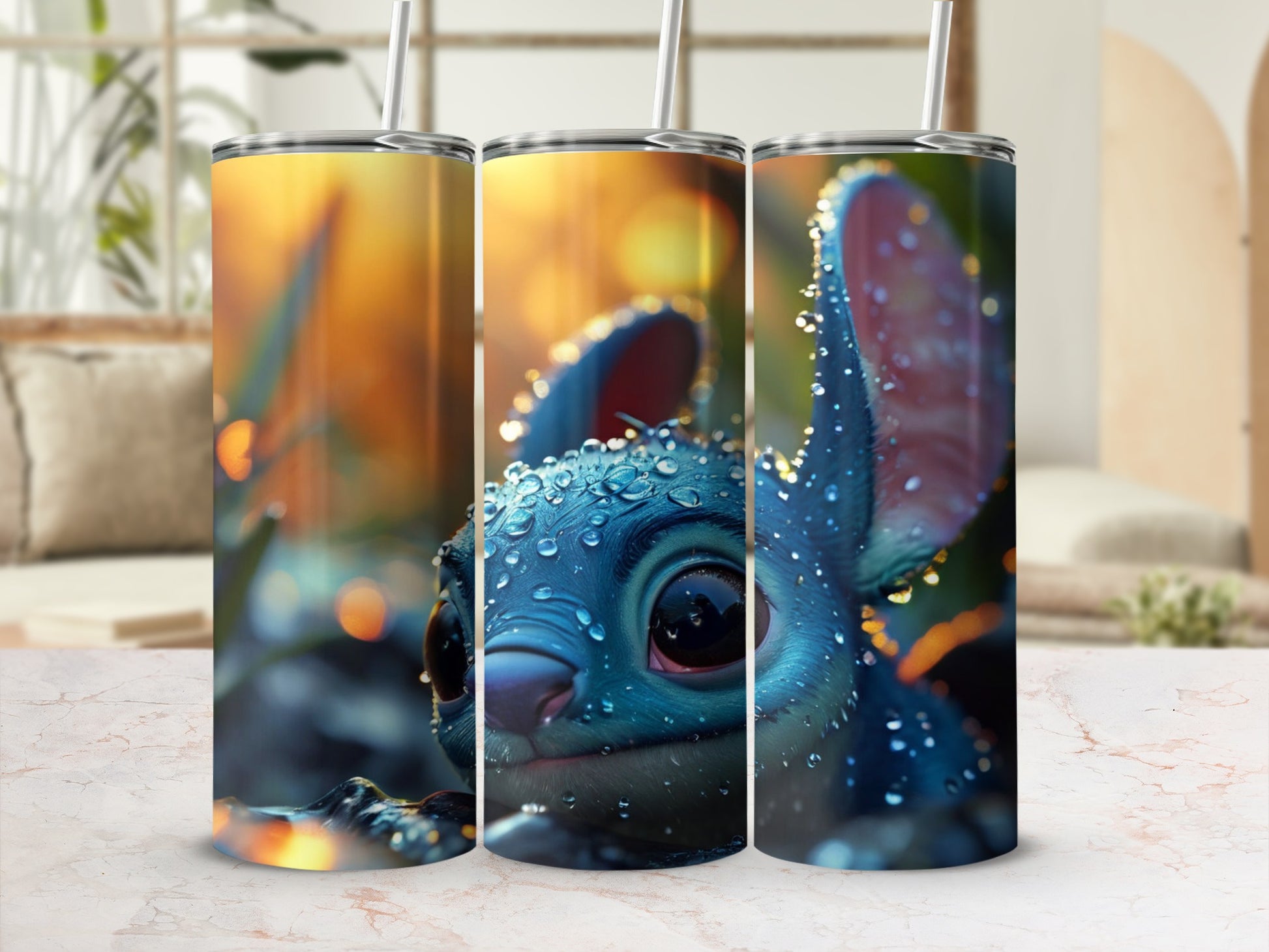 Stitch character tumbler with water droplets and straw.