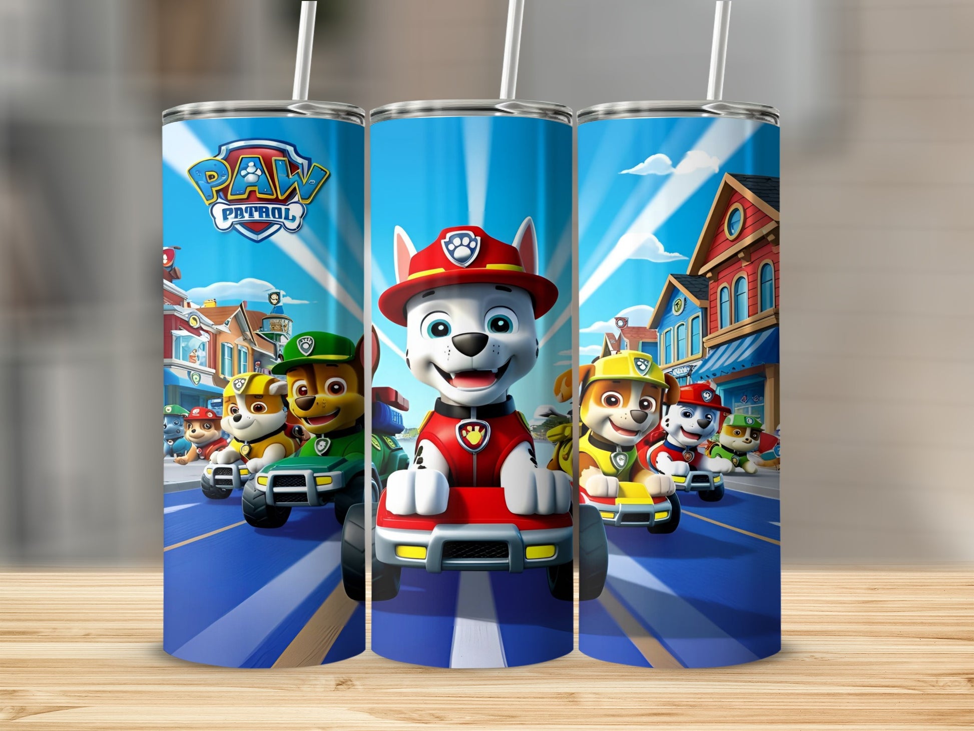 Paw Patrol characters Ryder and pups in vehicles on a city street.