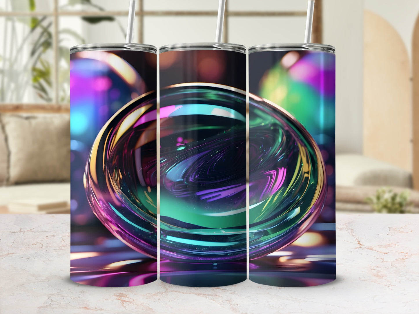 Three iridescent, swirling glass spheres with straws against a blurred background.