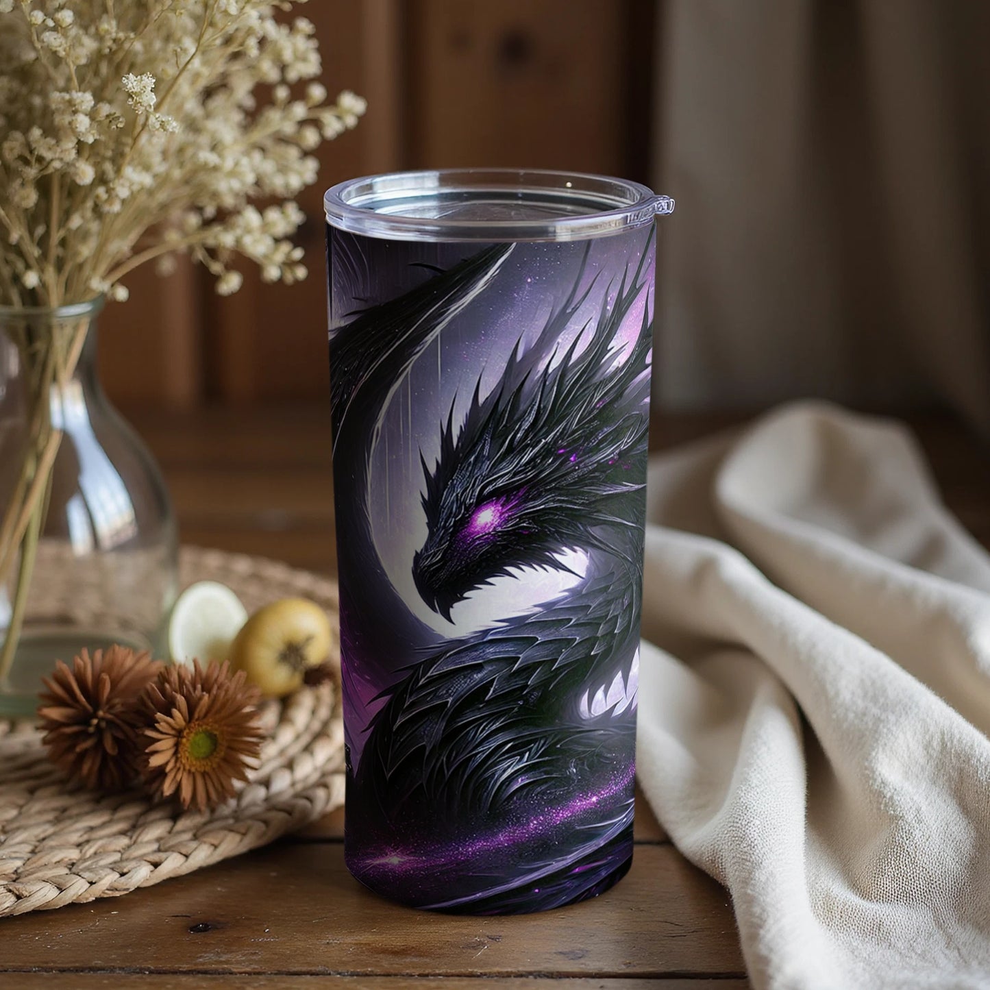 Majestic Black Dragon Artwork on a Drink Tumbler Product