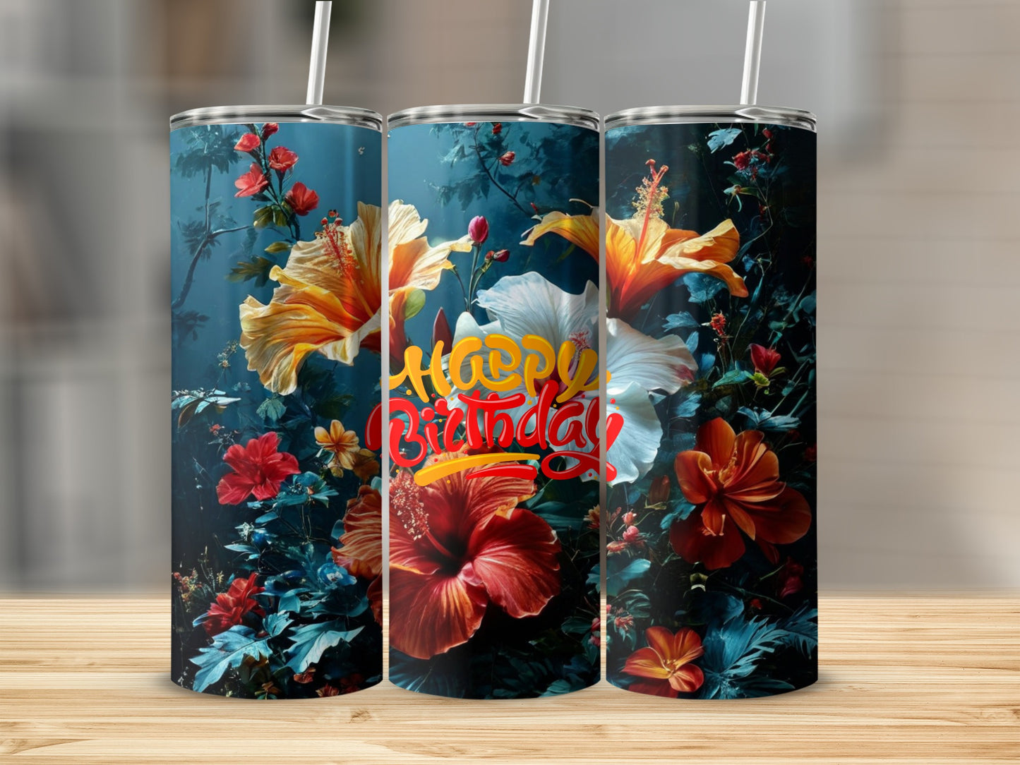 Floral birthday tumbler with vibrant hibiscus and text.