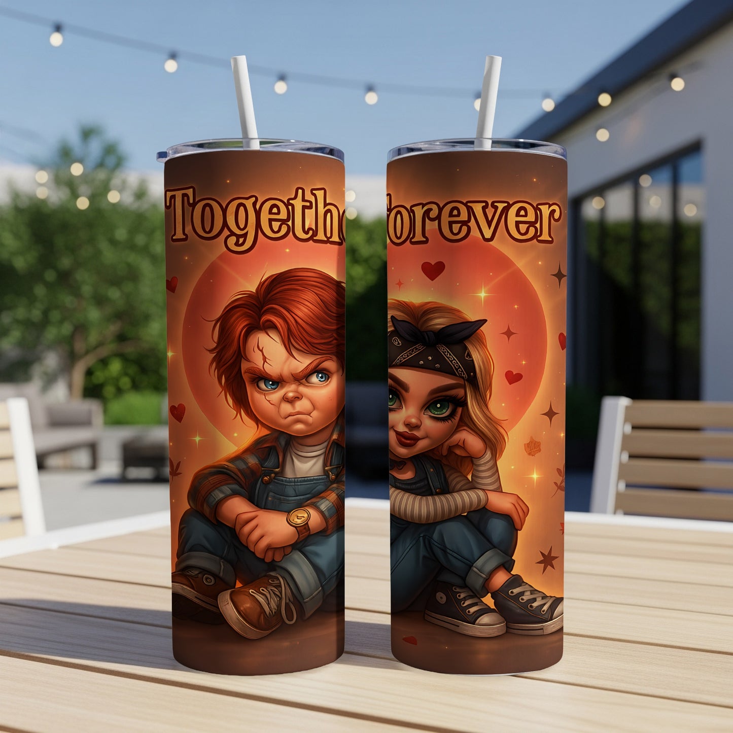 Two tumblers featuring cartoon Chucky and Tiffany with text "Together forever".
