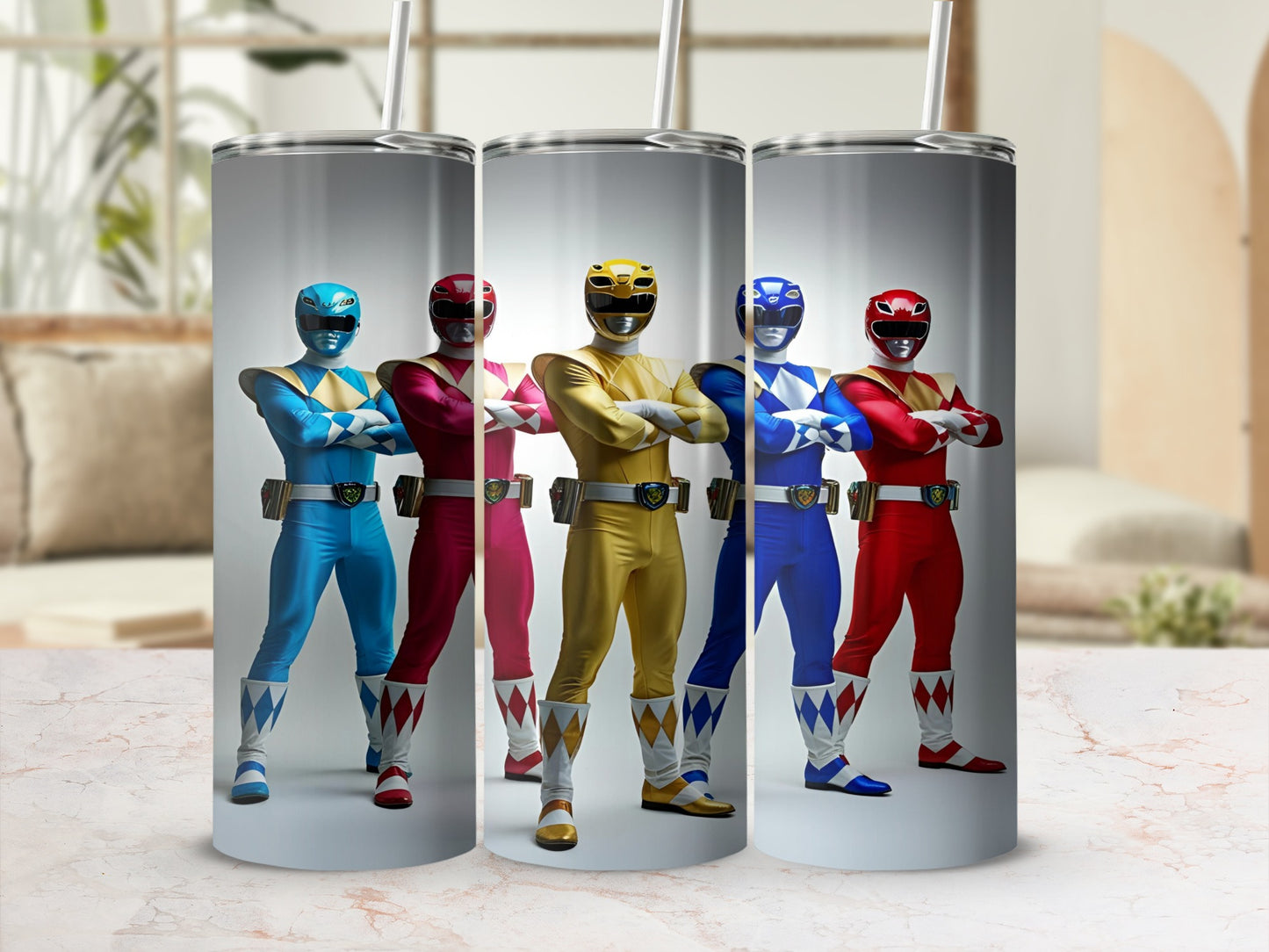 Five Power Rangers in their iconic colored suits standing with arms crossed.