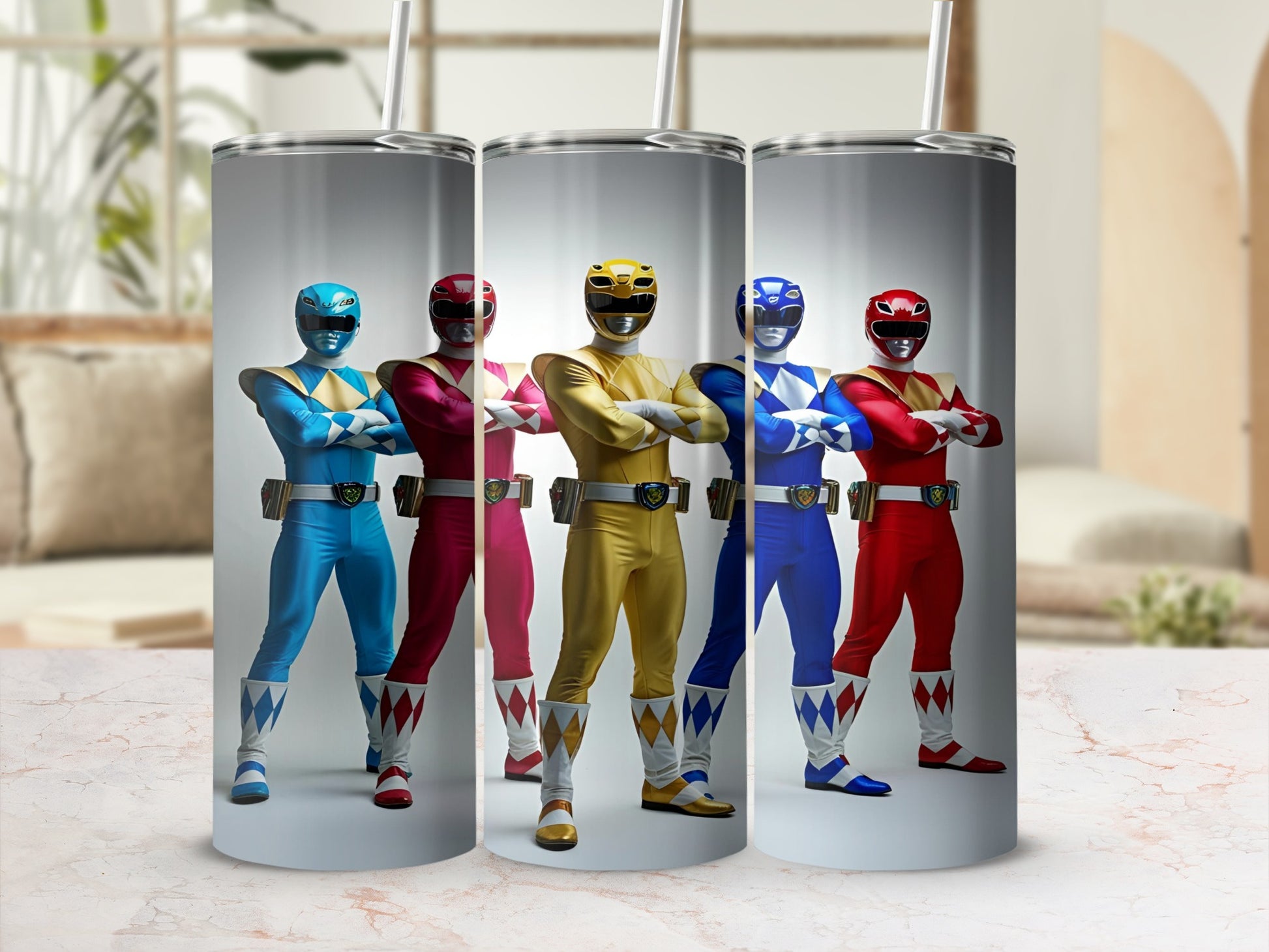 Five Power Rangers in their iconic colored suits standing with arms crossed.