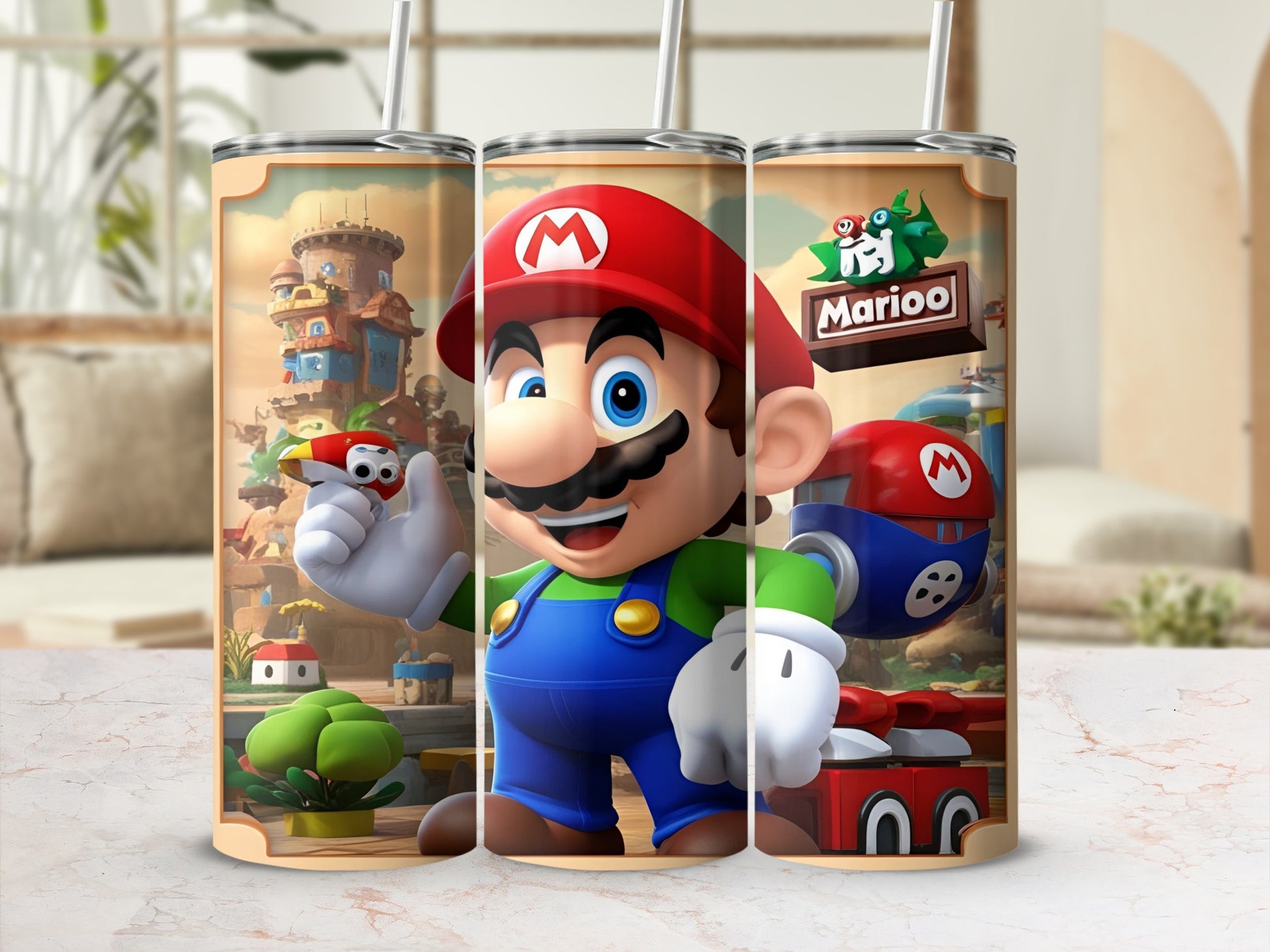 Super Mario character illustration on three tumblers with a whimsical background.
