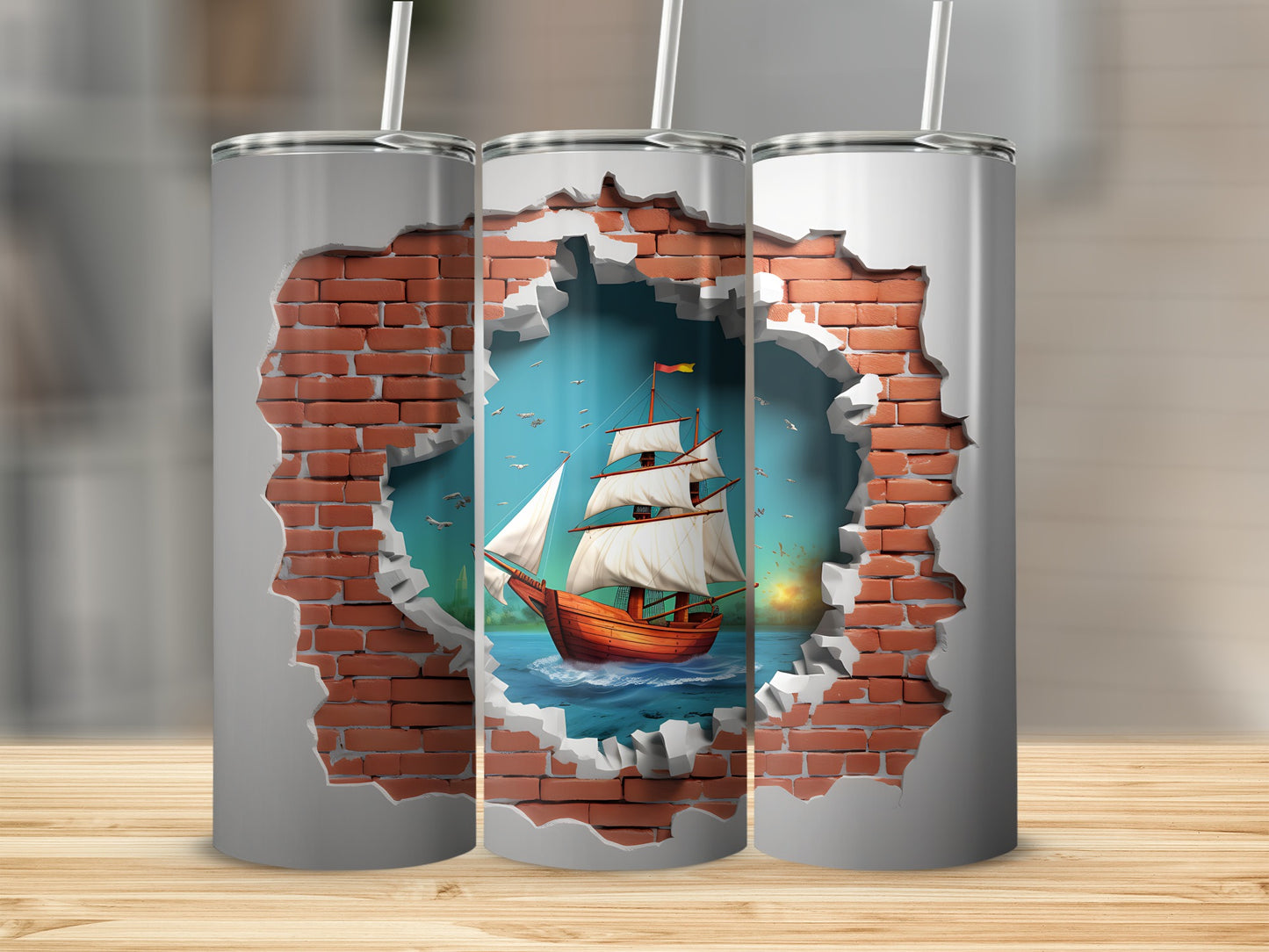 Artistic Brick Wall with Sailing Ship Design Tumbler