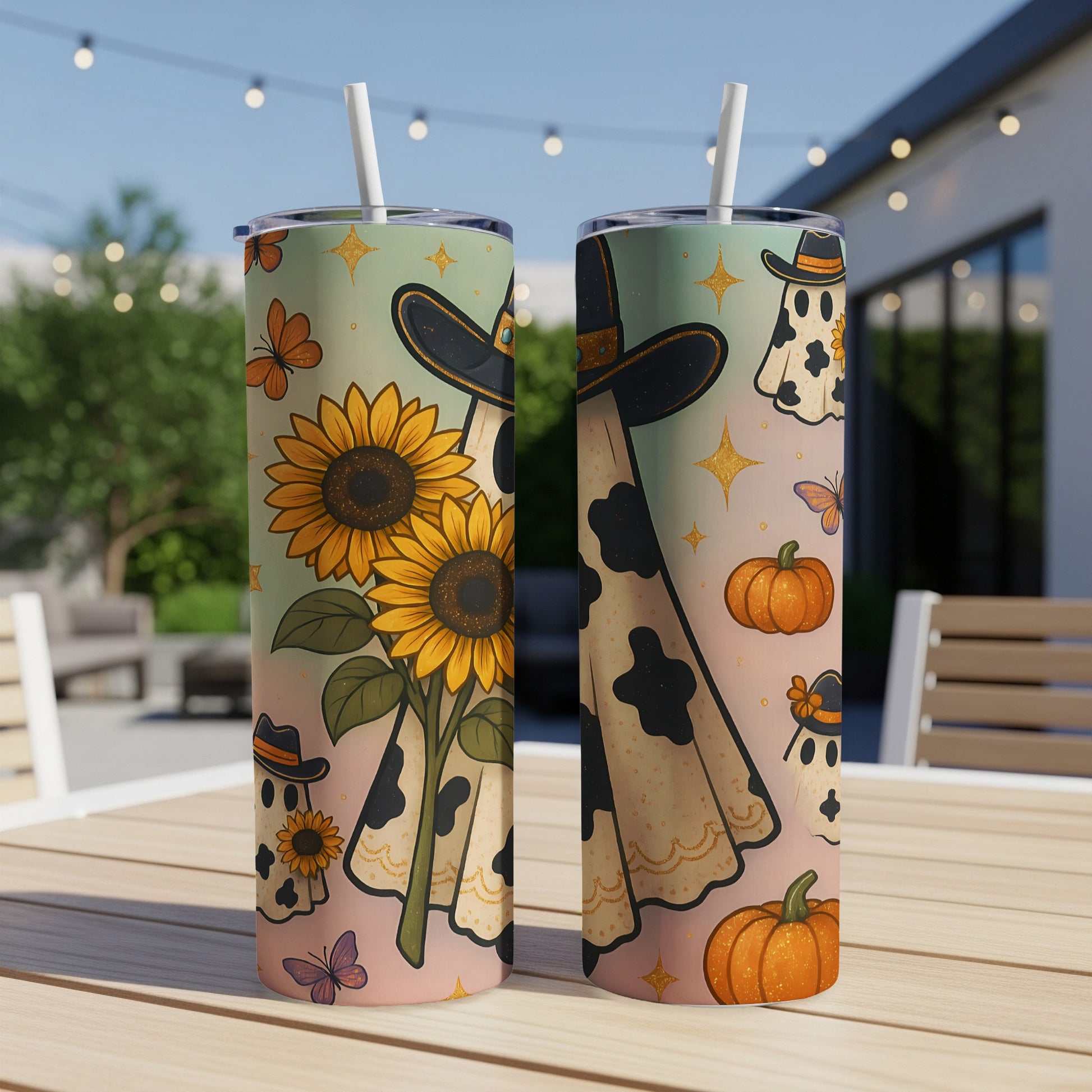 Two tumblers with sunflowers, ghosts, pumpkins, and butterflies, on a wooden table.