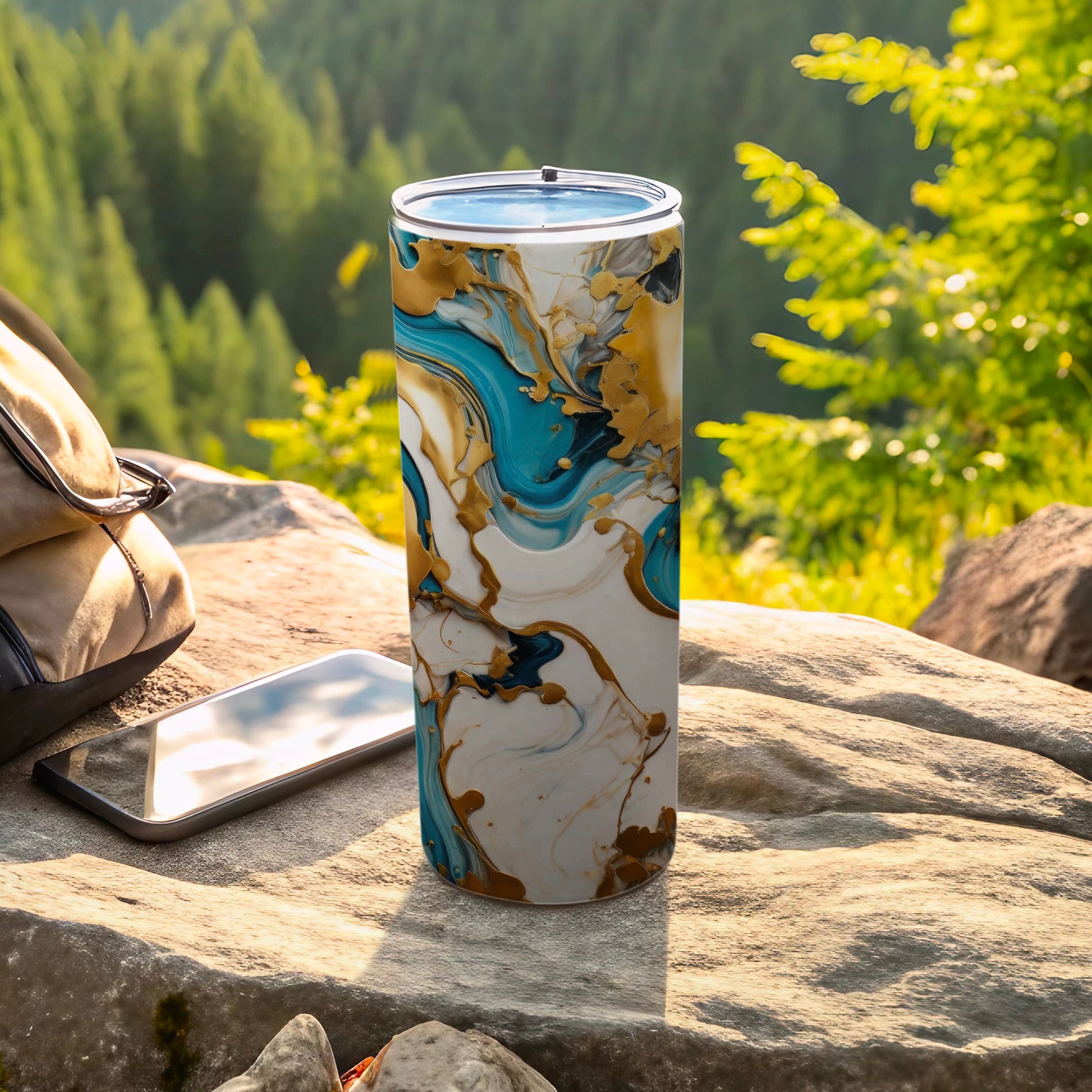Blue Gold White Abstract Marbled Travel Tumbler product type