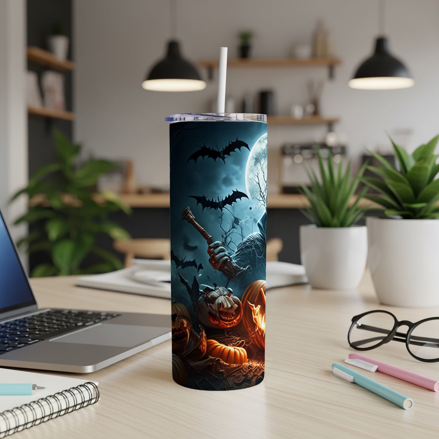 Halloween tumbler featuring grim reaper, bats, and carved pumpkins under a full moon.