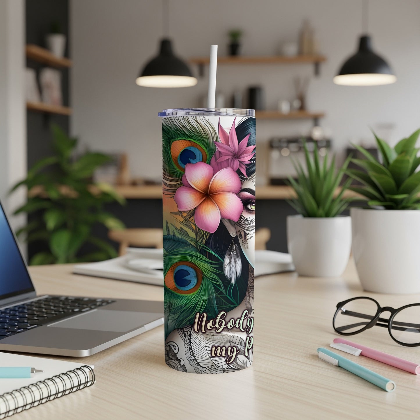Tumbler with skull, flowers, and peacock feathers, text "Nobody's perfect."