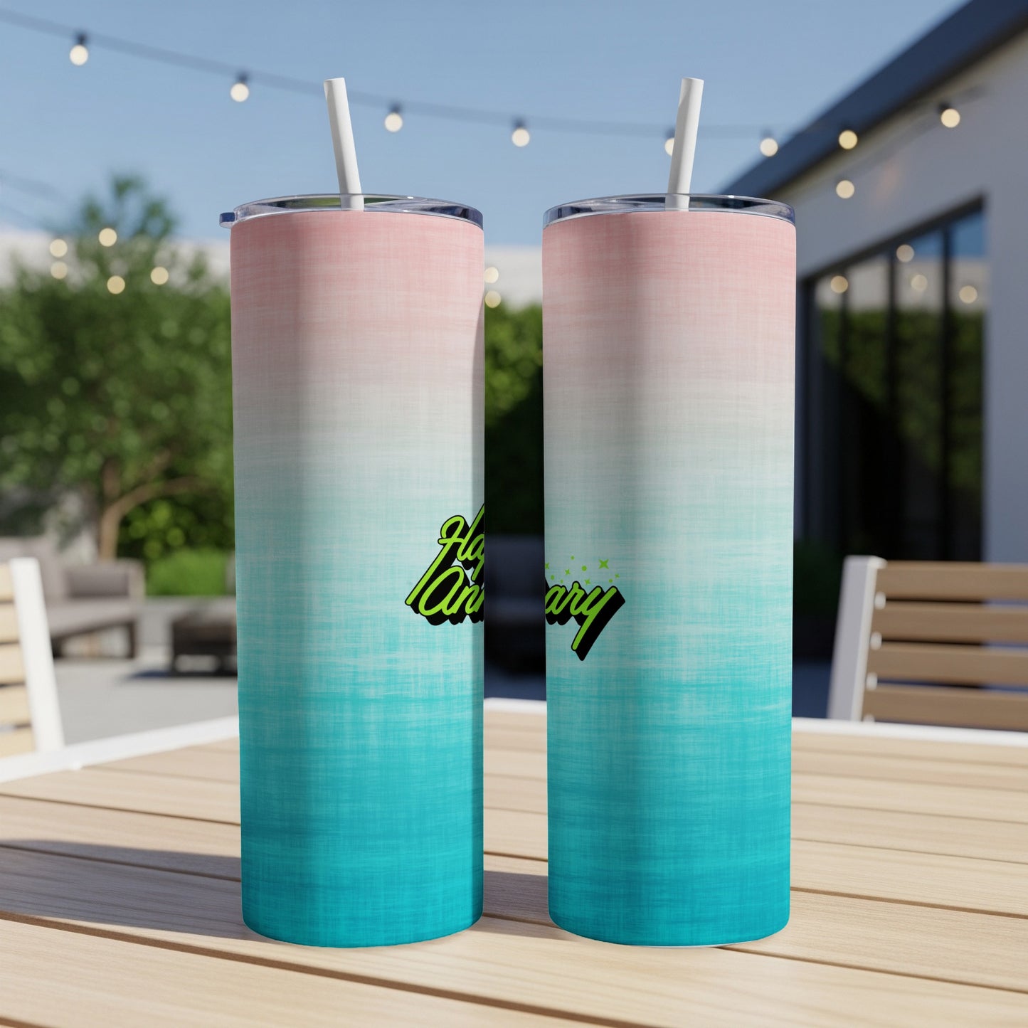 Two tall tumblers with a pink to teal gradient and "Happy Anniversary" text.