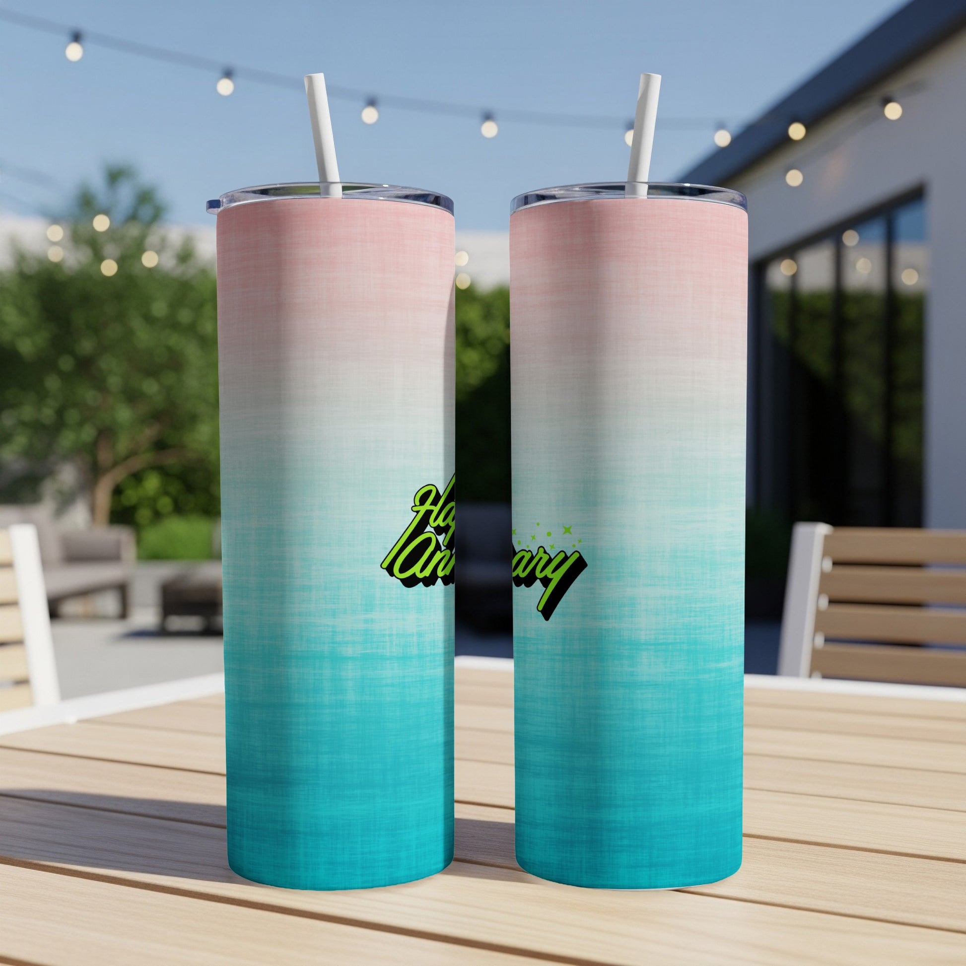 Two tall tumblers with a pink to teal gradient and "Happy Anniversary" text.