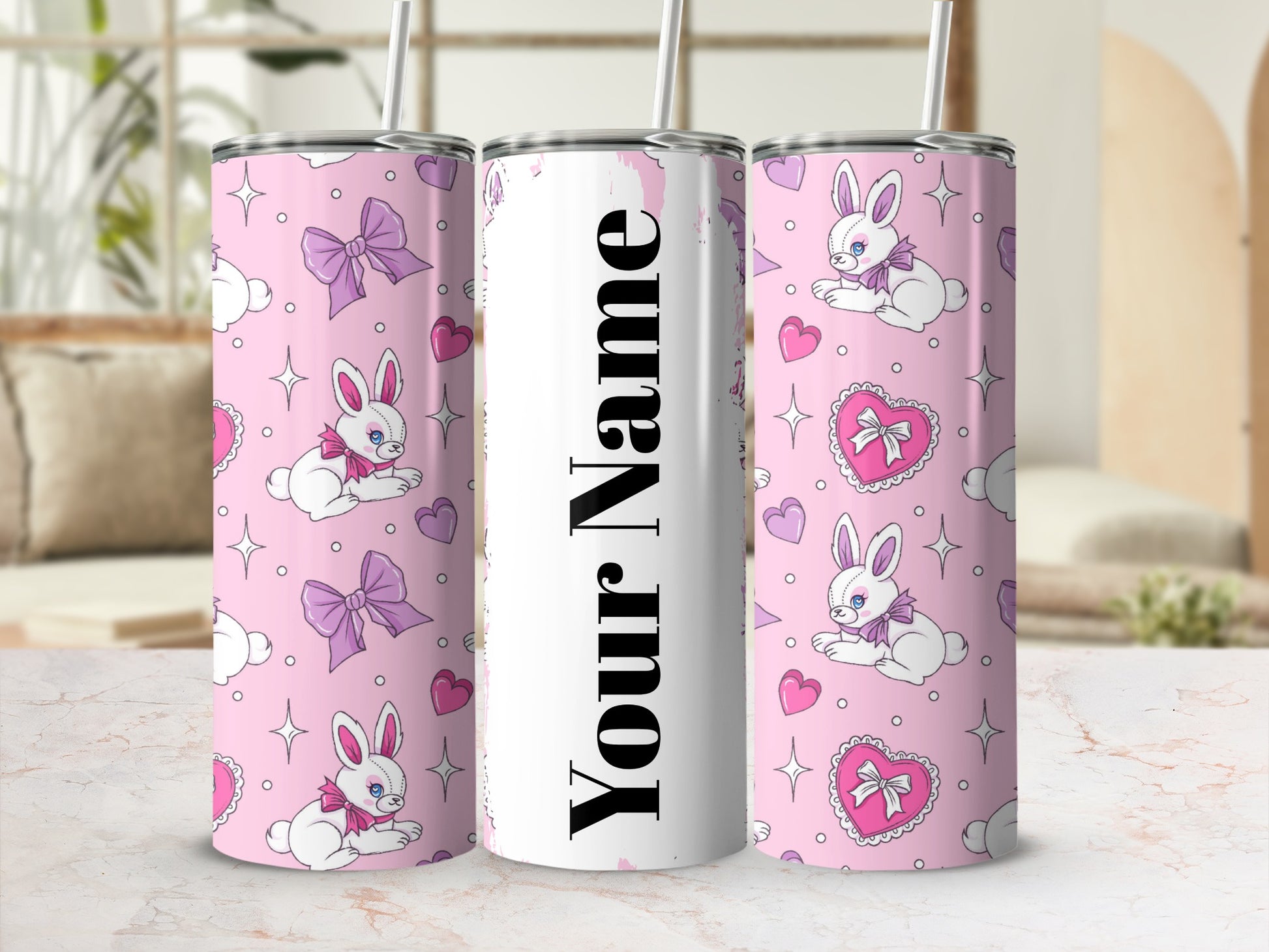Personalized Pink Bunny Hearts and Bows Tumbler