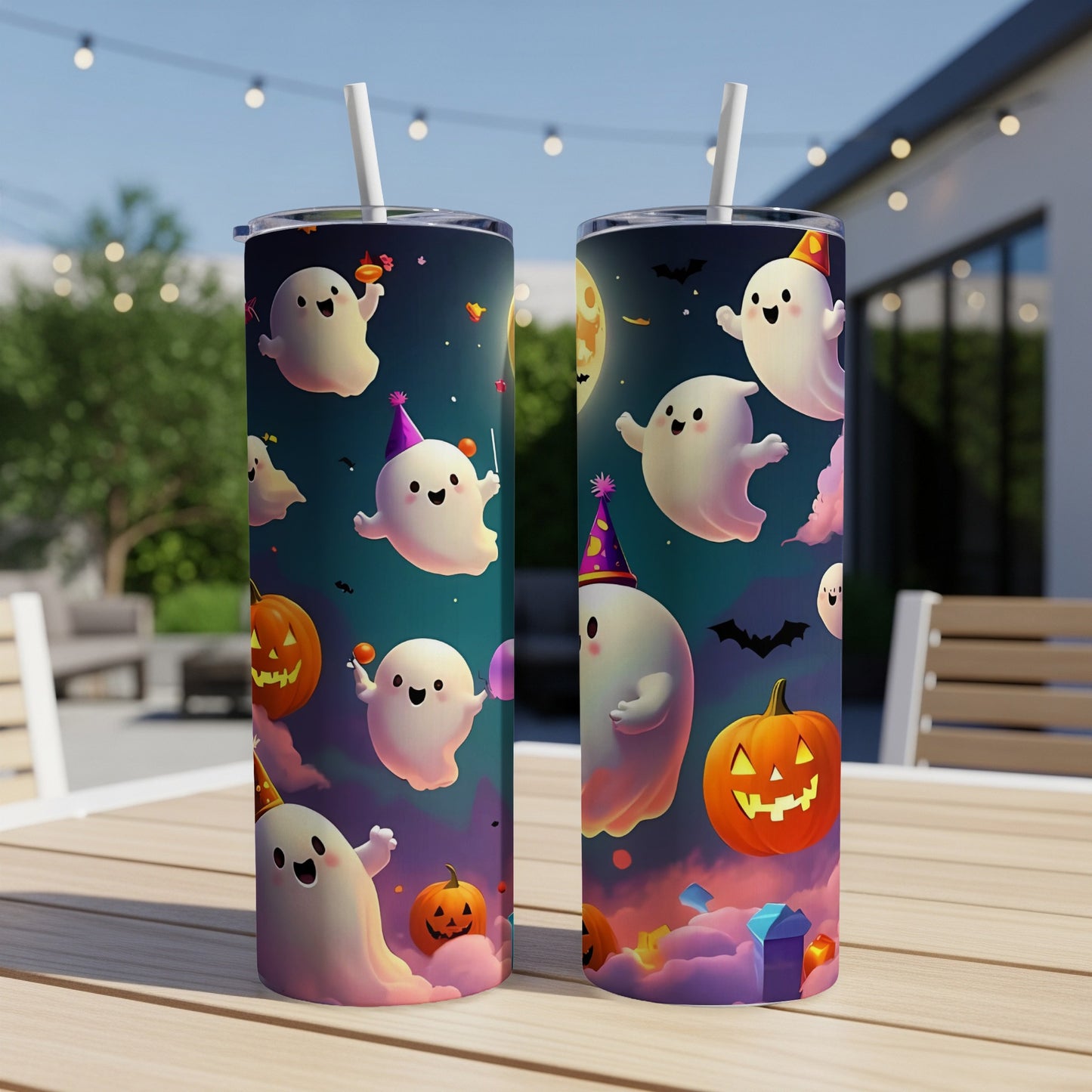 Two tumblers with a Halloween ghost and pumpkin pattern, set on a wooden table outdoors.