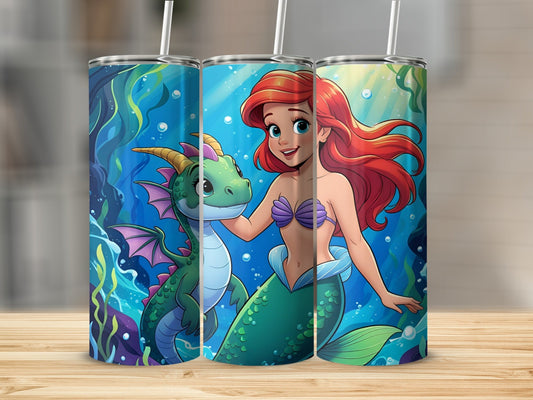 Ariel and dragon character on a tumbler with underwater background.