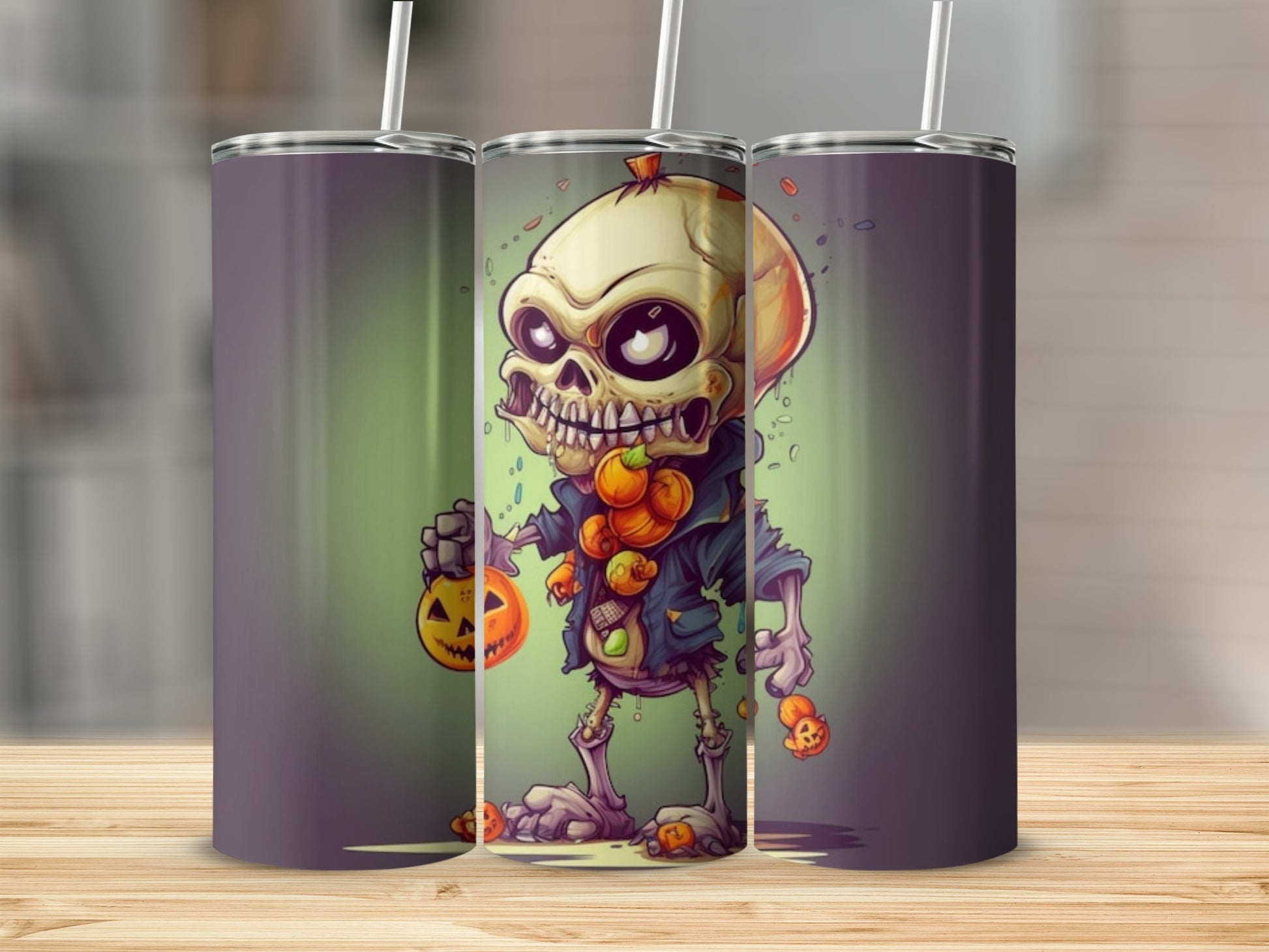 Three tumblers featuring a cartoon skeleton holding pumpkins and a jack-o'-lantern.