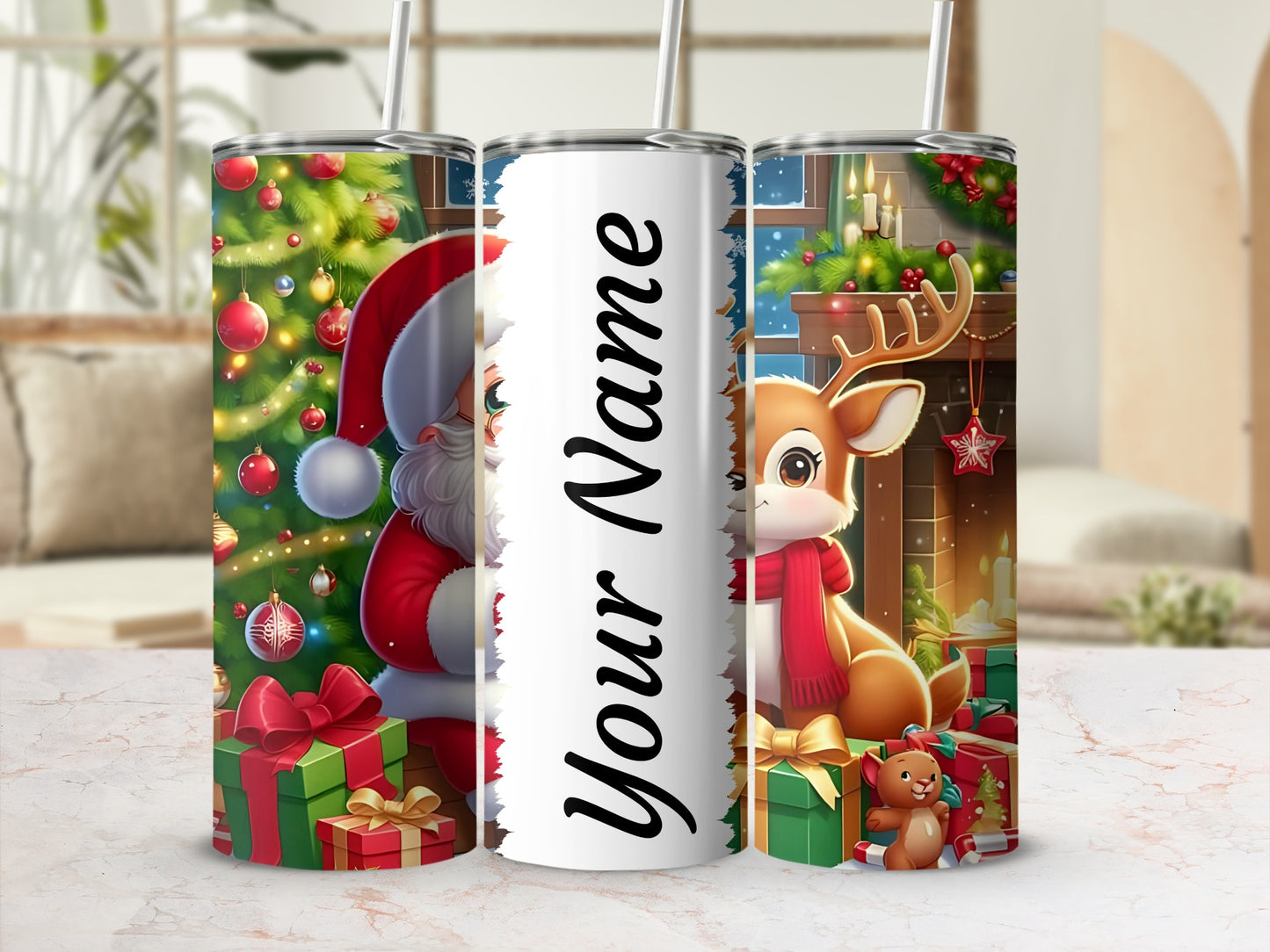 Personalized Christmas Scene Tumbler with Santa and Reindeer