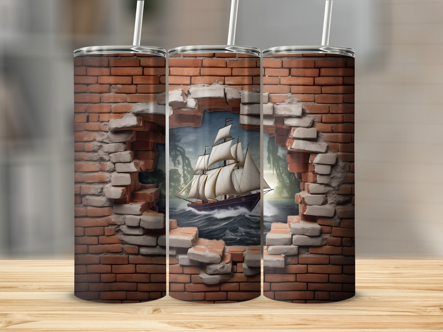 Sailing Ship and Brick Wall Design Tumbler Product
