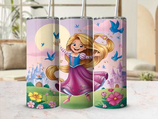 Rapunzel with castles and birds on a pink and yellow patterned tumbler.