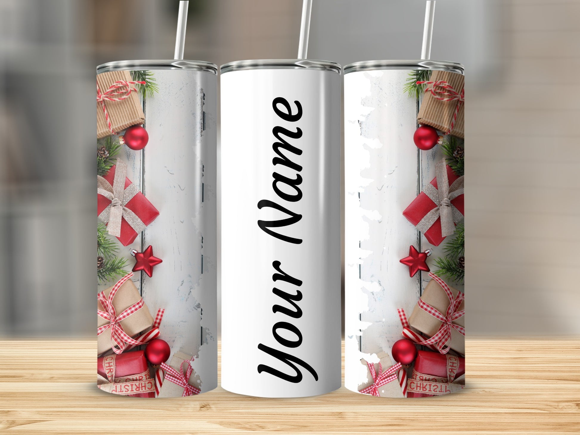 Festive Personalized Christmas Tumbler with Gift Design