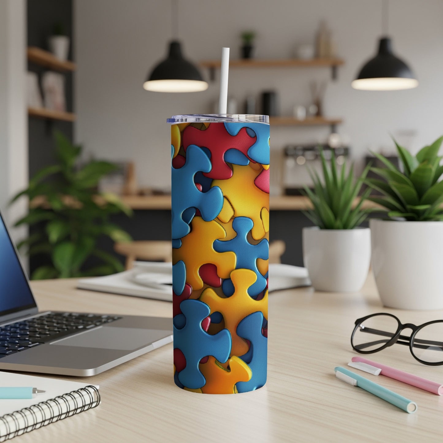 Blue, yellow, and red puzzle pieces pattern on a white tumbler.